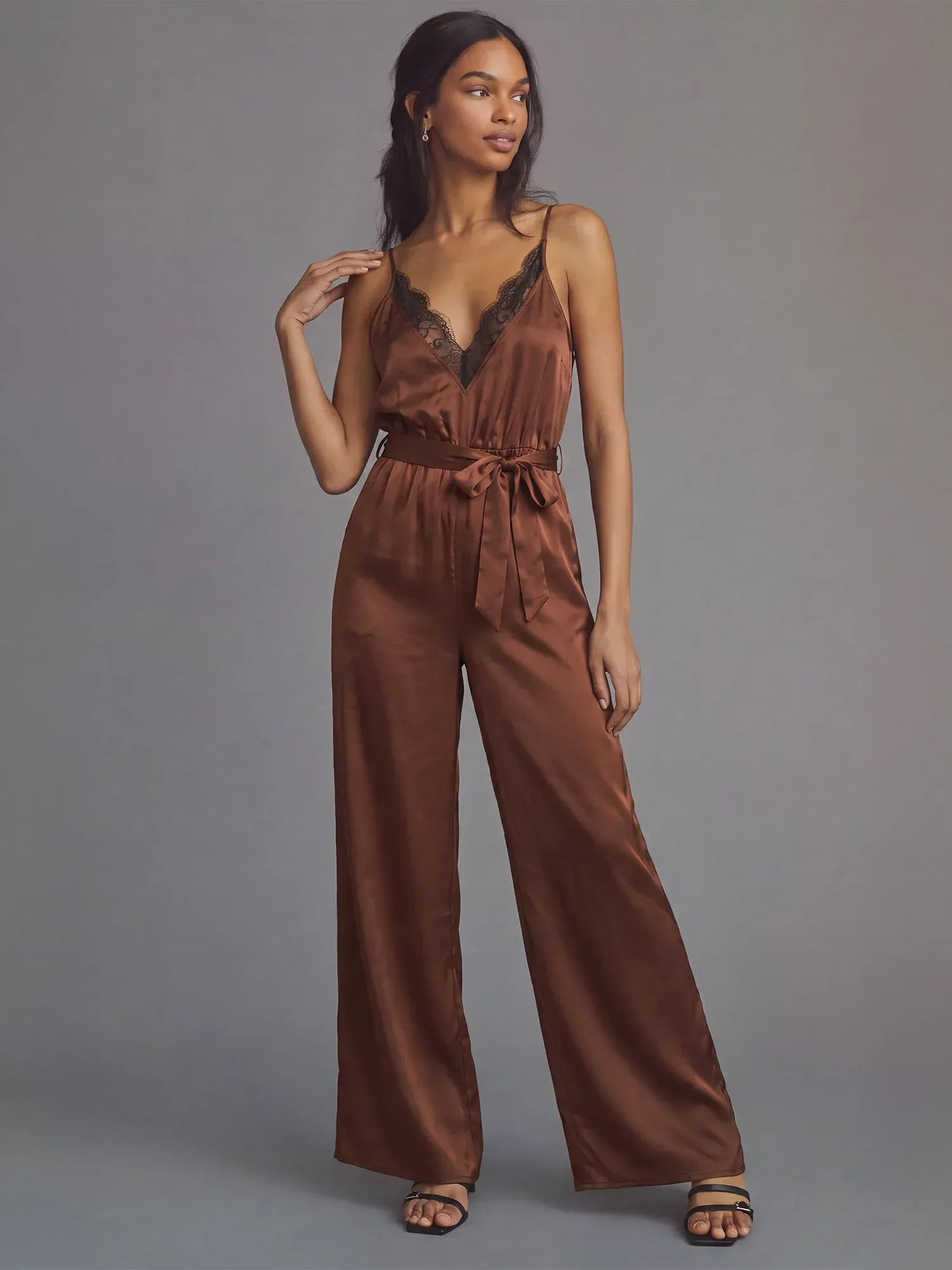 Sleeveless Lace Trim V Neck Satin Tie Waist Jumpsuit