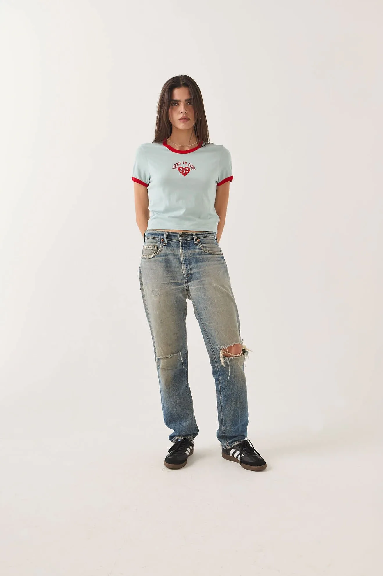 Lucky In Love Baby T-Shirt – Sea Grass/Adrenaline Red