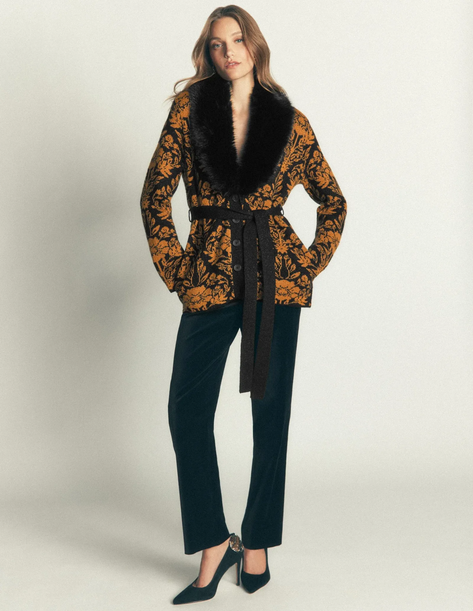 Belted Wrap Knitted Cardigan-Metallic Black Gold Jacquard