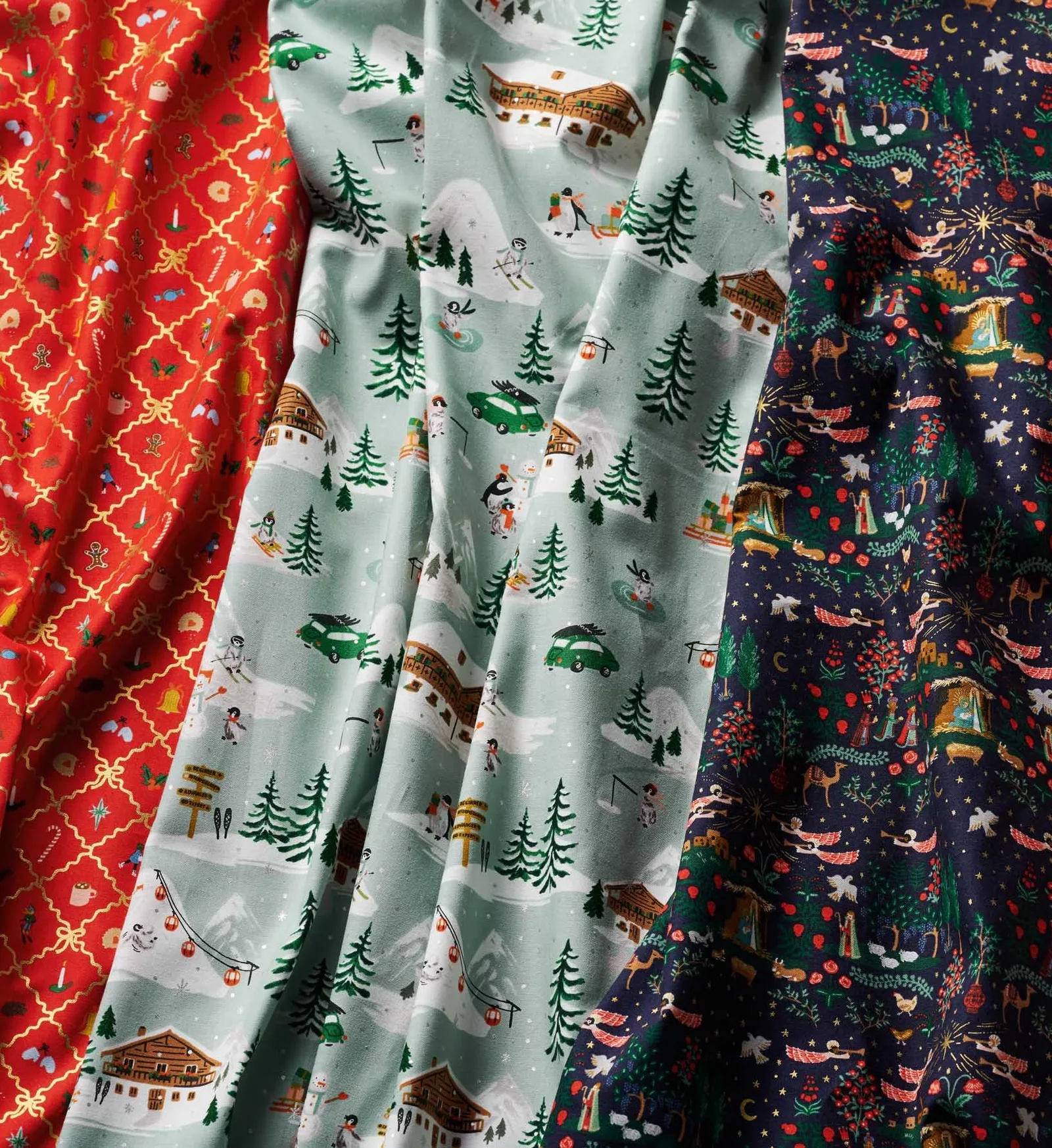 Penguin Village Cotton Metallic Fabric – Mint and Gold
