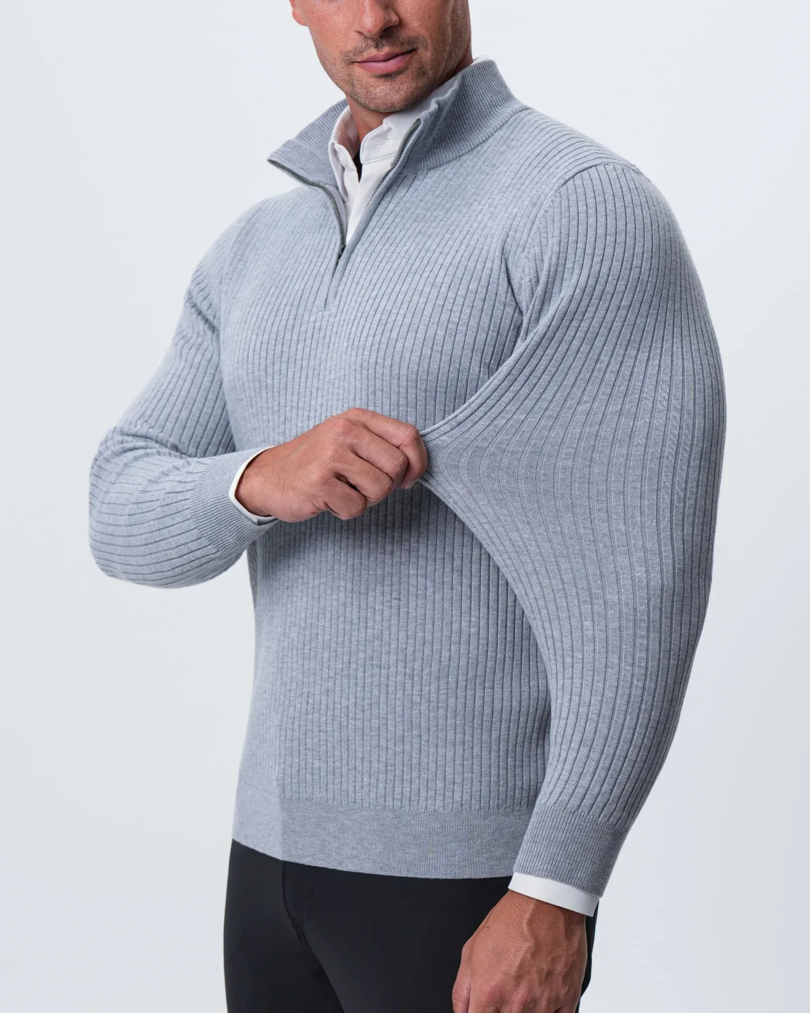 Mid-Weight Ribbed Quarter Zip – Light Grey