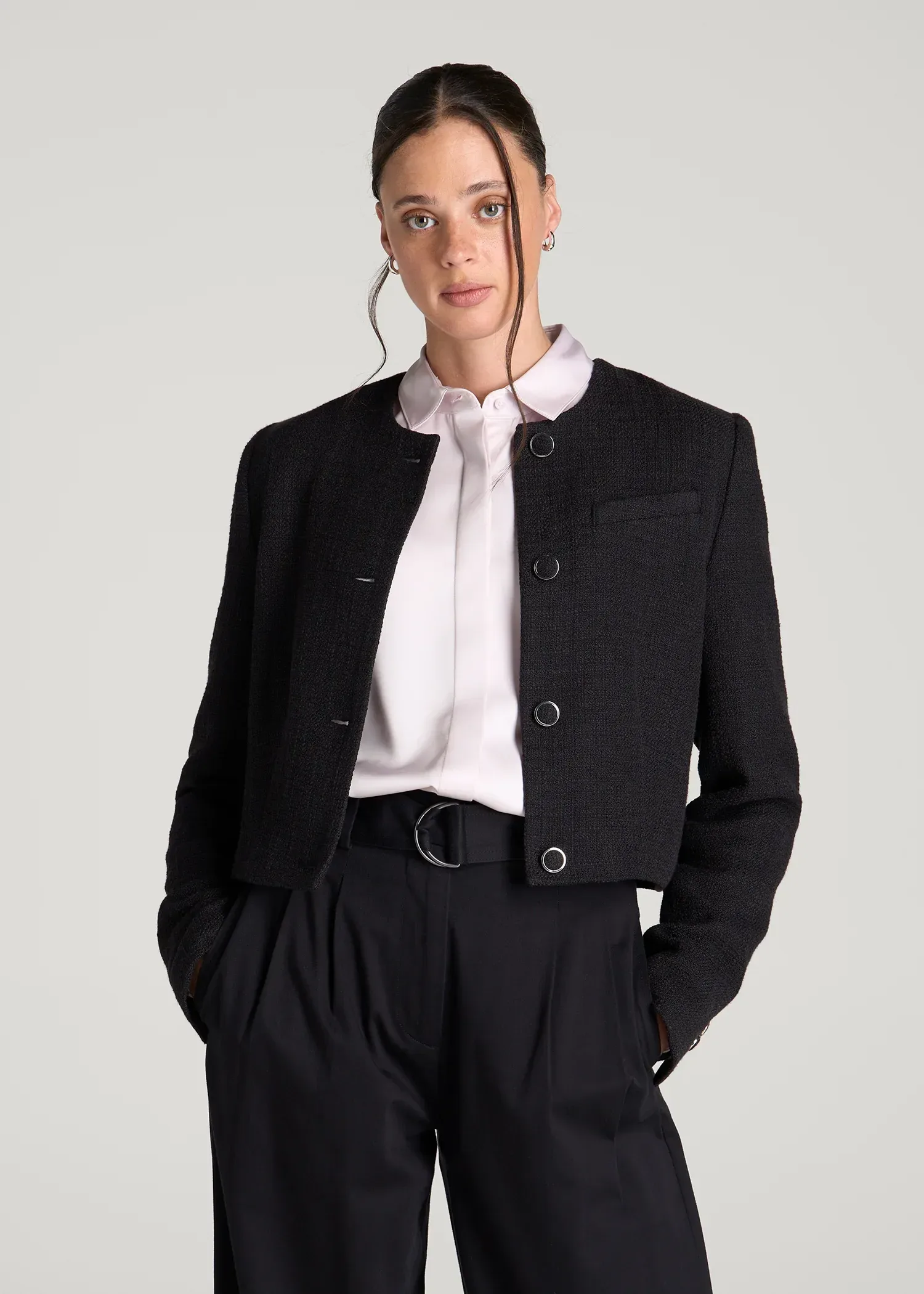 Cropped Jackie Tweed Blazer for Tall Women in Black