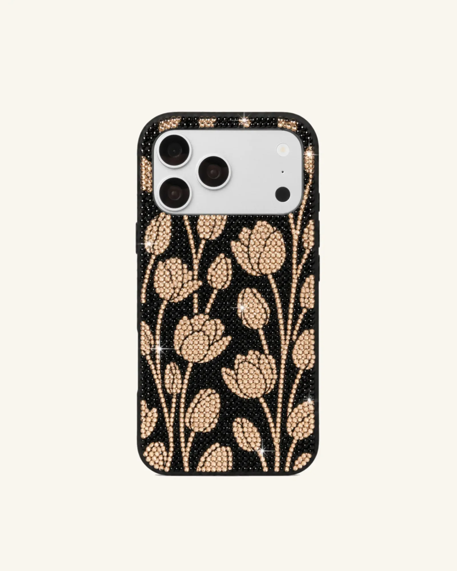 Gold Floral Rhinestone Phone Case – Black