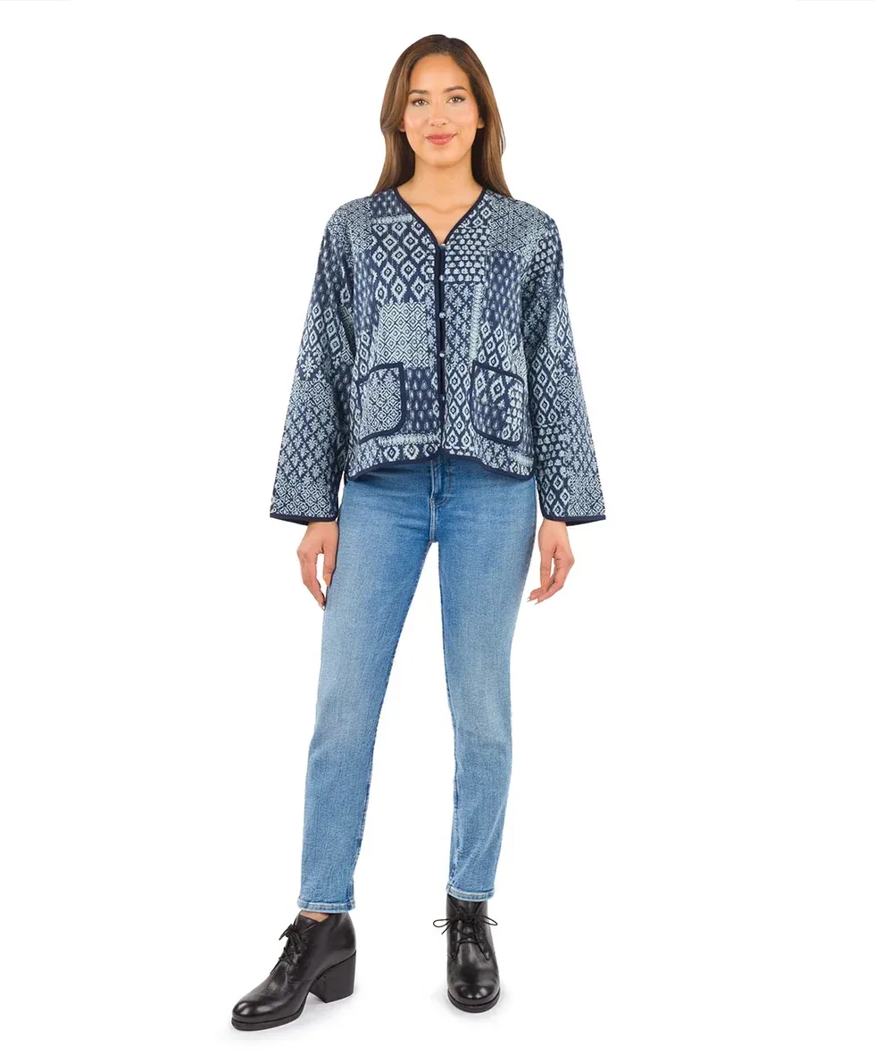Short Kantha Jacket – Blue Quilted Patchwork