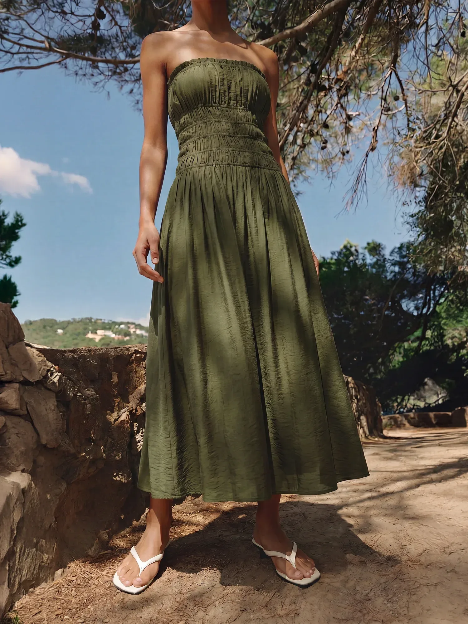 Strapless Ruched Bodice Midi Sun Dress