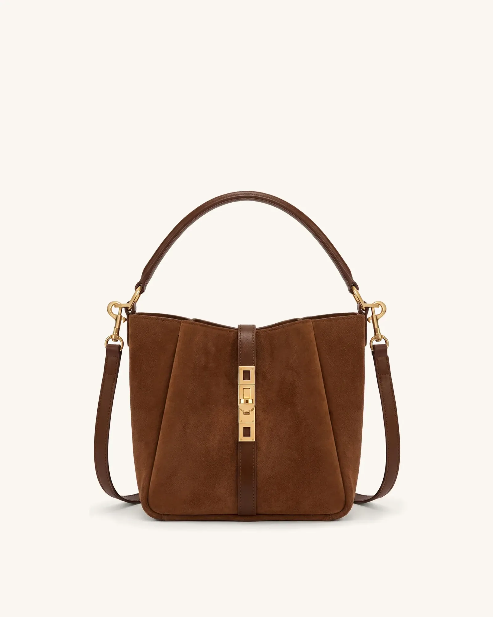 Amara Faux Suede Metal Clasp Bucket Bag – Brown