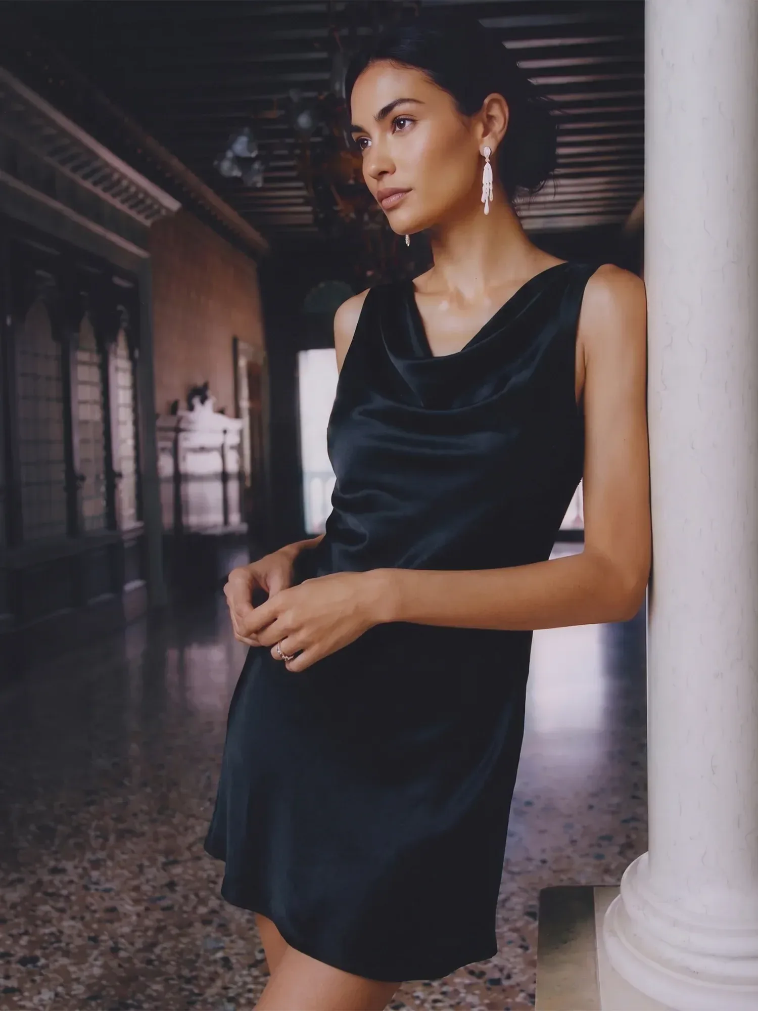 Sleeveless Cowl Neck Satin Mini Dress