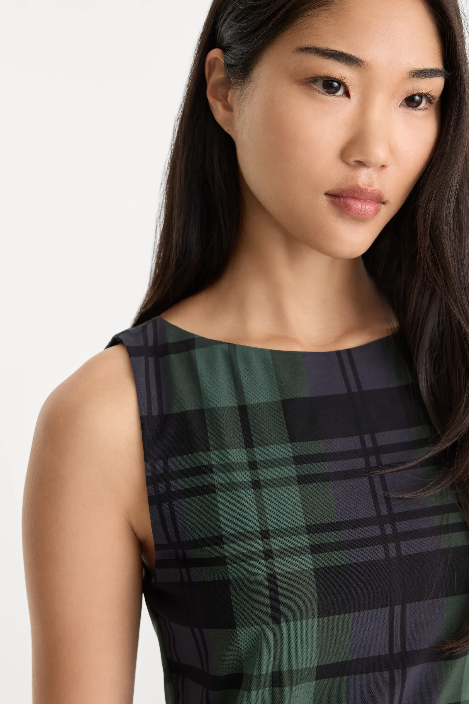 The Mesh Mini Dress – Navy and Green Plaid