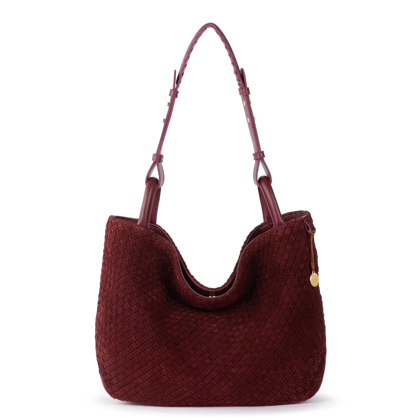 Los Feliz Medium Tote – Leather – Black Cherry Suede Woven