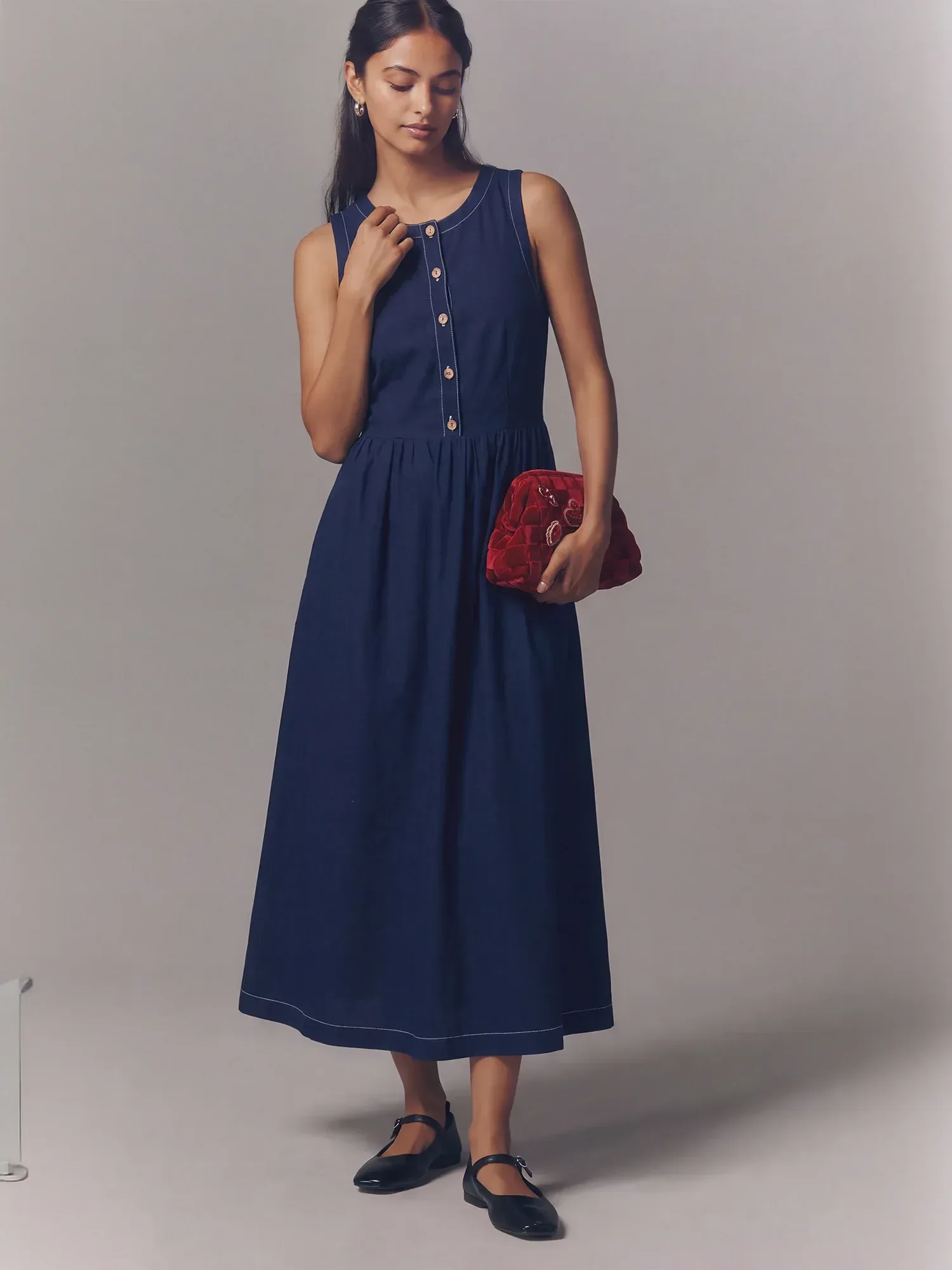 Sleeveless Button Front Denim A Line Maxi Dress