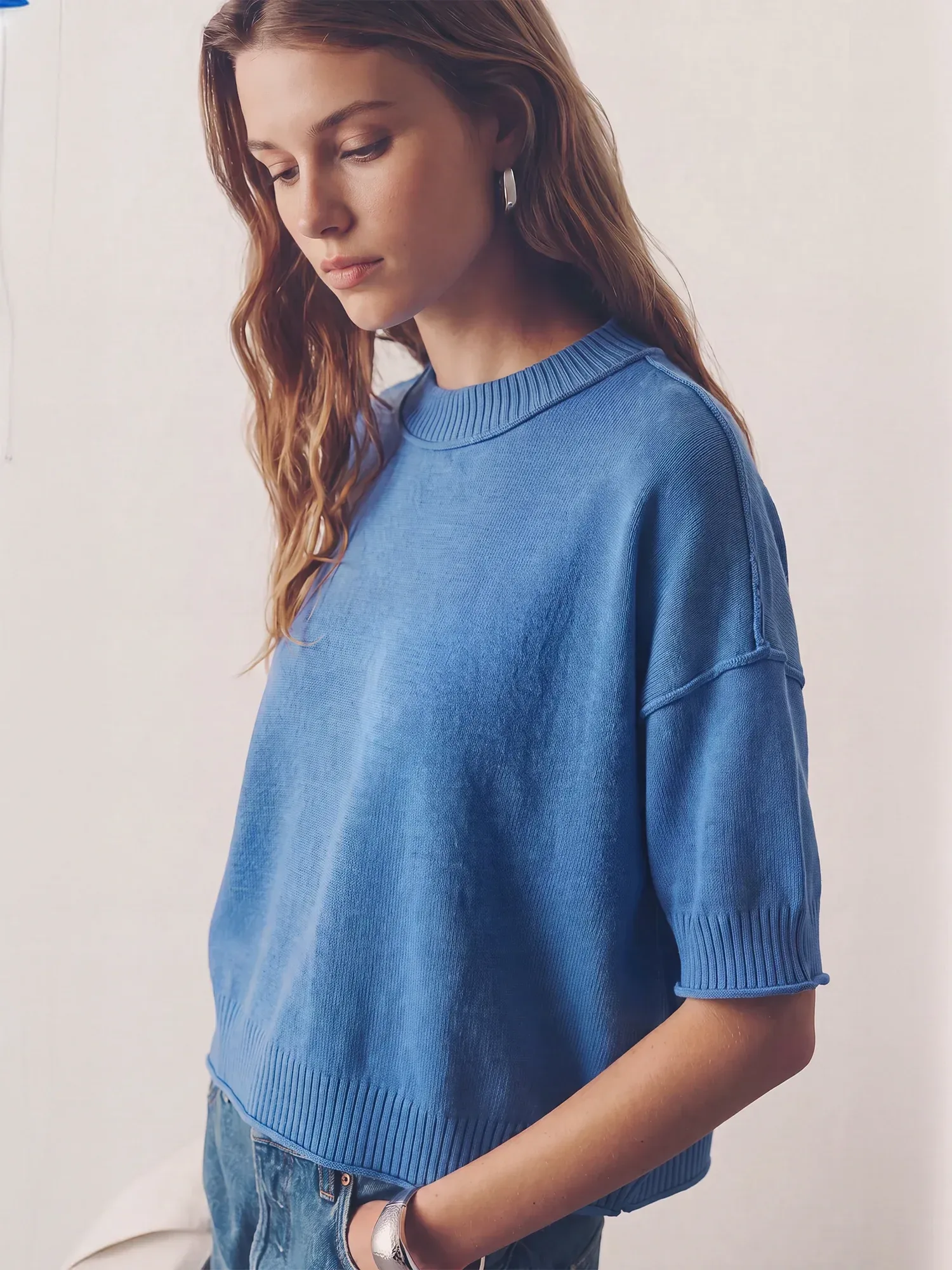 Crew-Neck Elbow-Length Sleeves Sweater