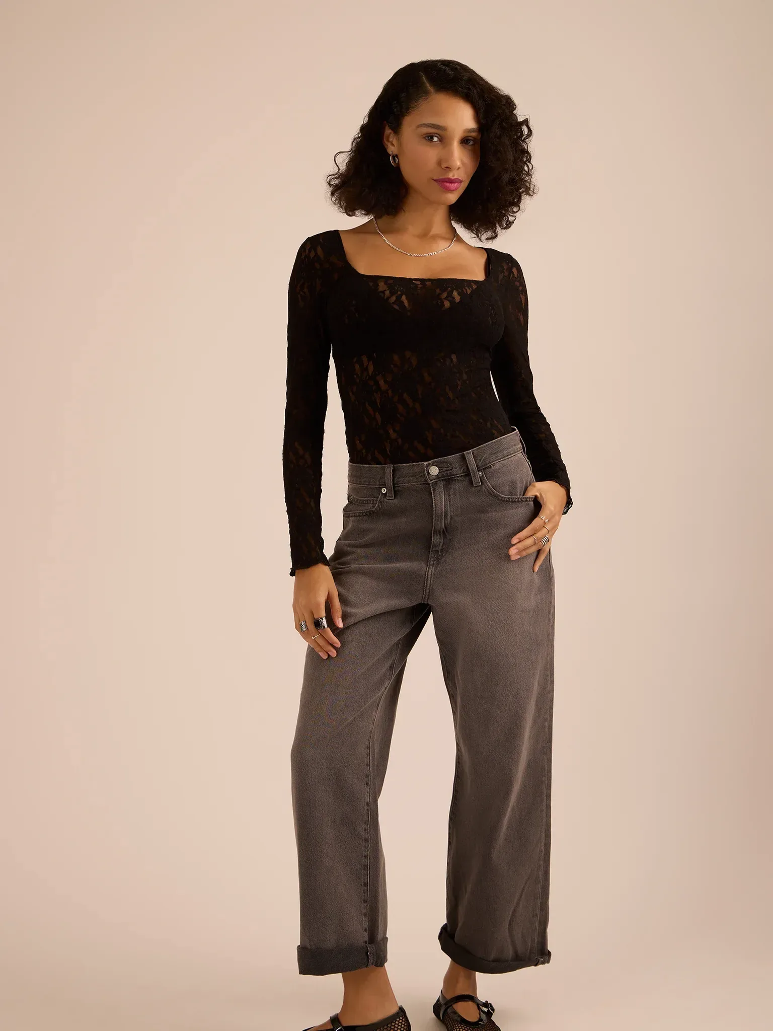 Signature Lace® Square Neck Long Sleeve Top Black Sale