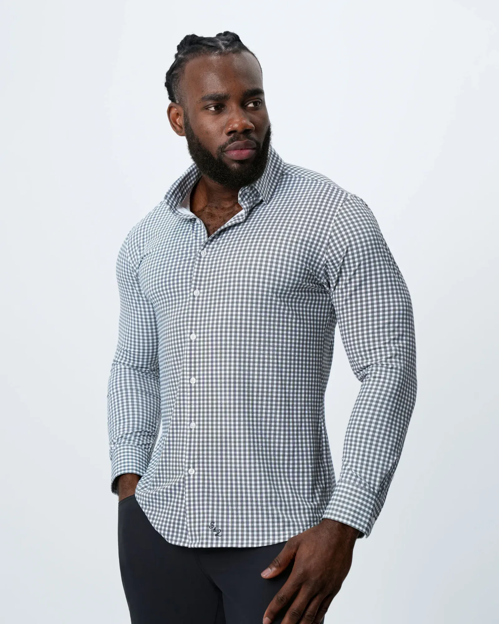 "The Longshore" Sport Shirt – Green and Grey Cross Hatch Windowpane