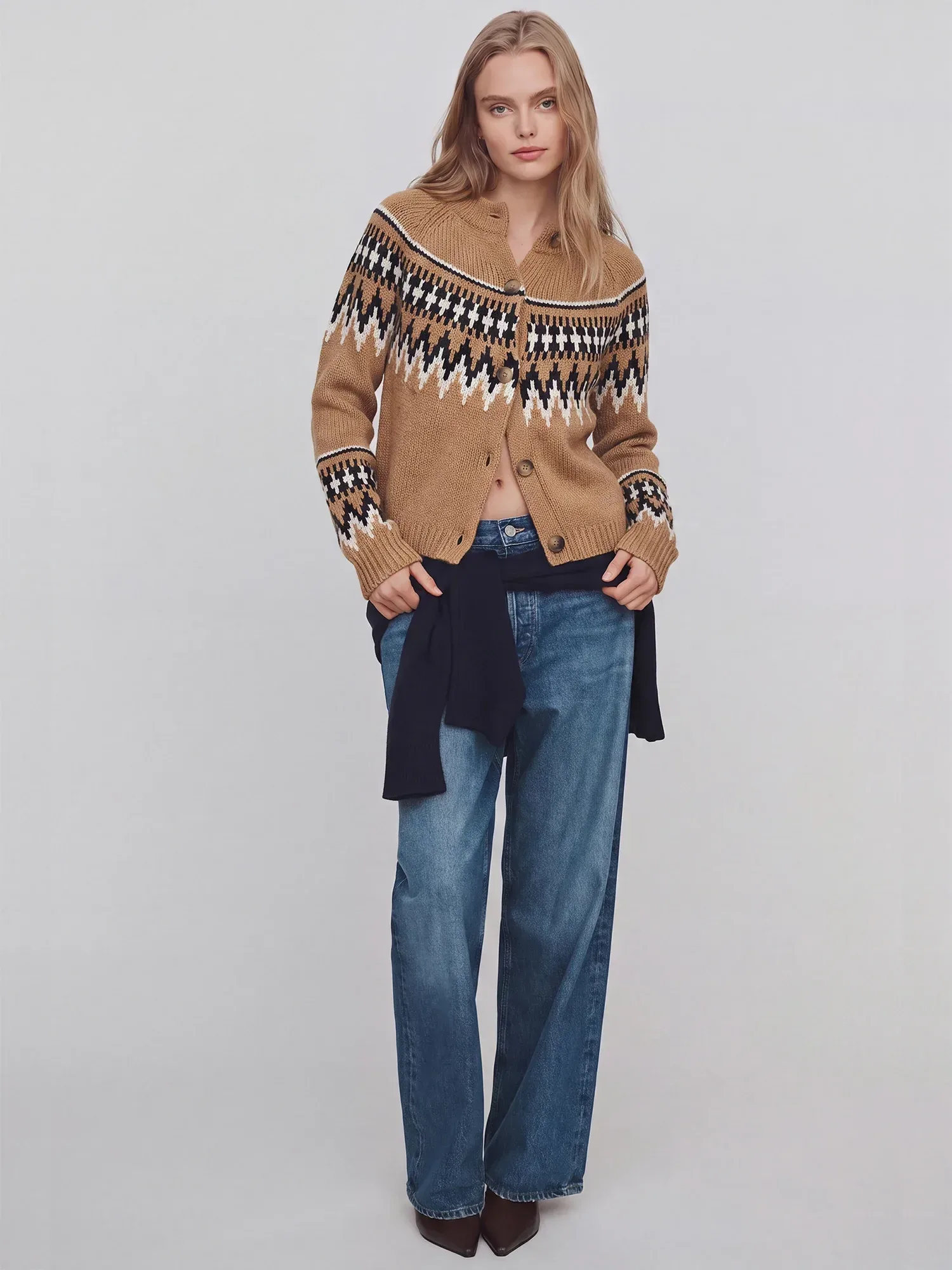 Longsleeves Fair Isle Ribbed Cuff Cardigan Sweater