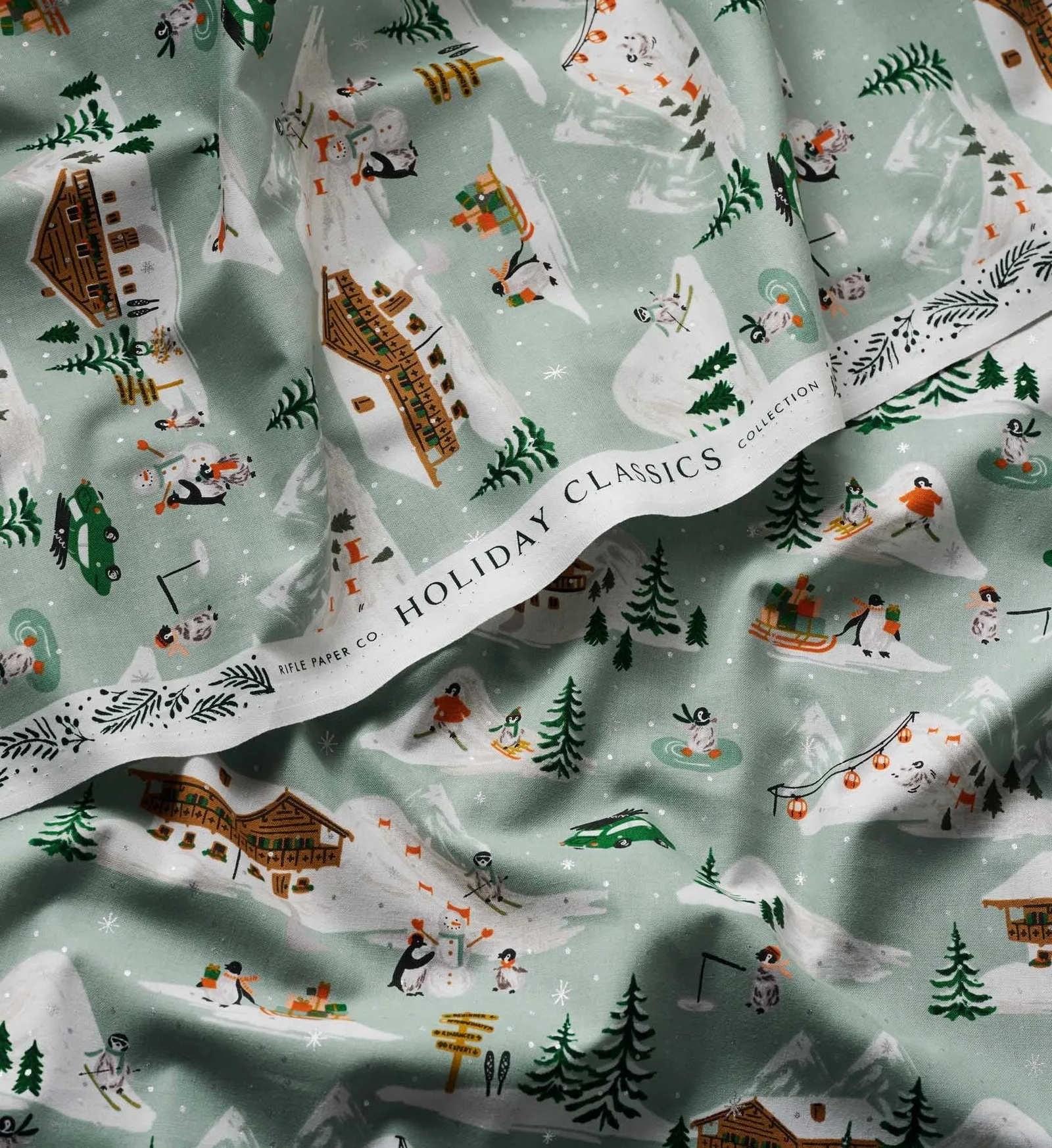 Penguin Village Cotton Metallic Fabric – Mint and Gold