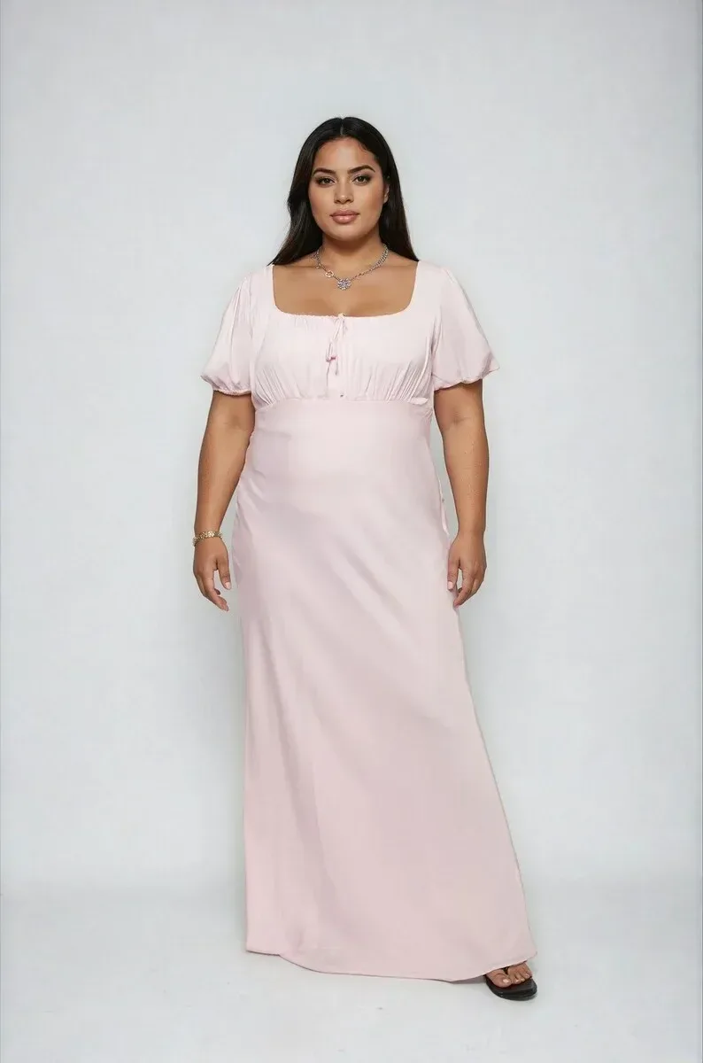 Plus Size Satin Puff-Sleeve Maxi Dress