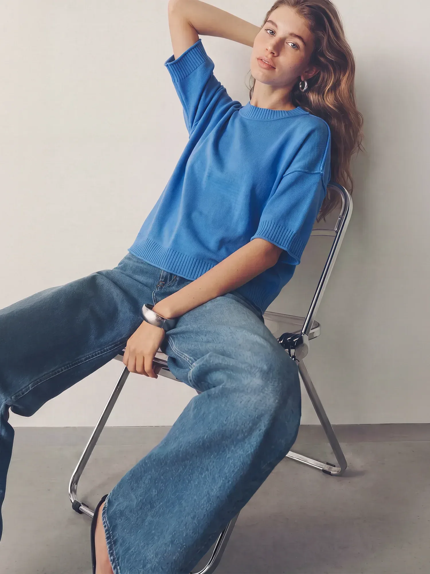 Crew-Neck Elbow-Length Sleeves Sweater