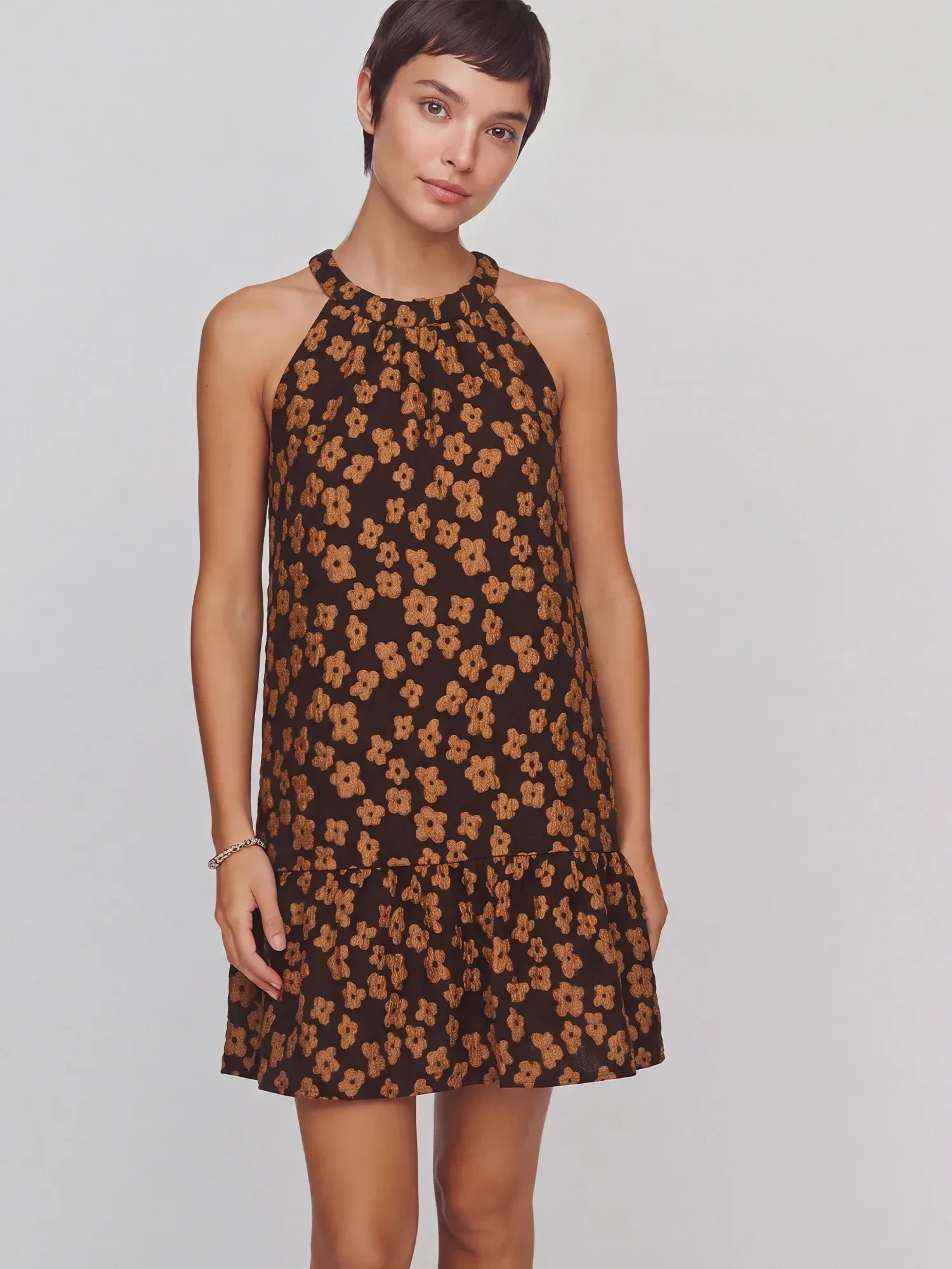 Halter Floral Jacquard Shift Mini Dress