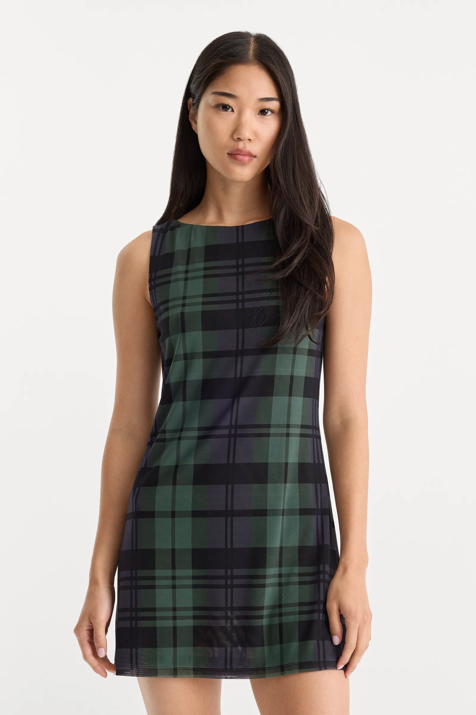 The Mesh Mini Dress – Navy and Green Plaid