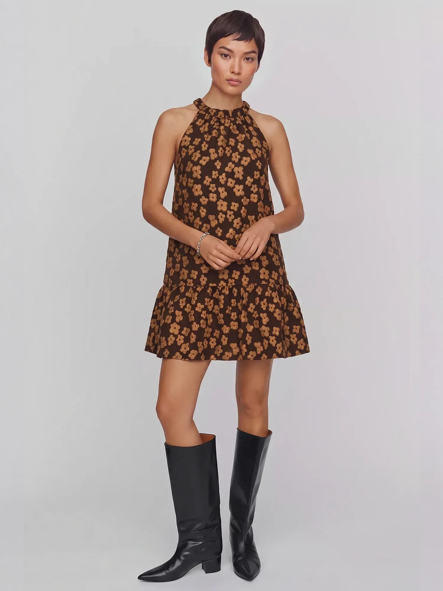 Halter Floral Jacquard Shift Mini Dress