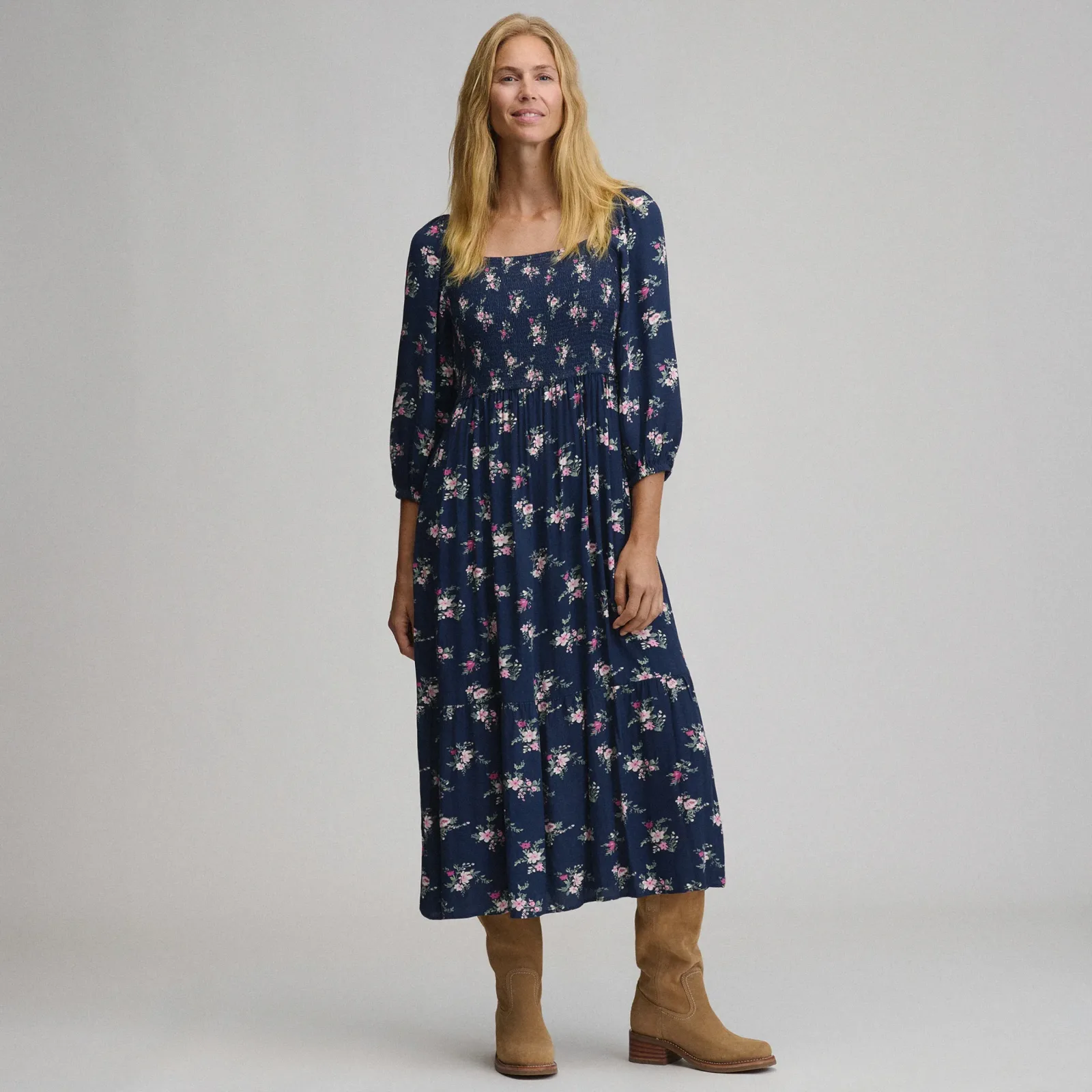 Women's Printed 3/4 Sleeve Smocked Bodice Dress