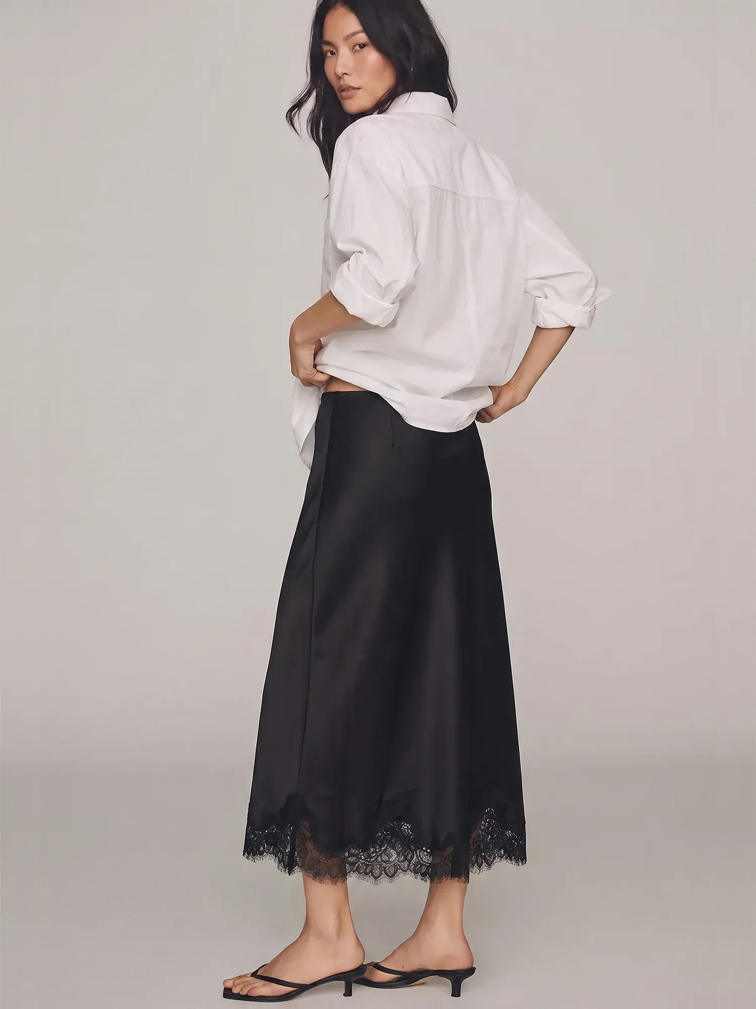 Satin Lace Hem Midi Skirt