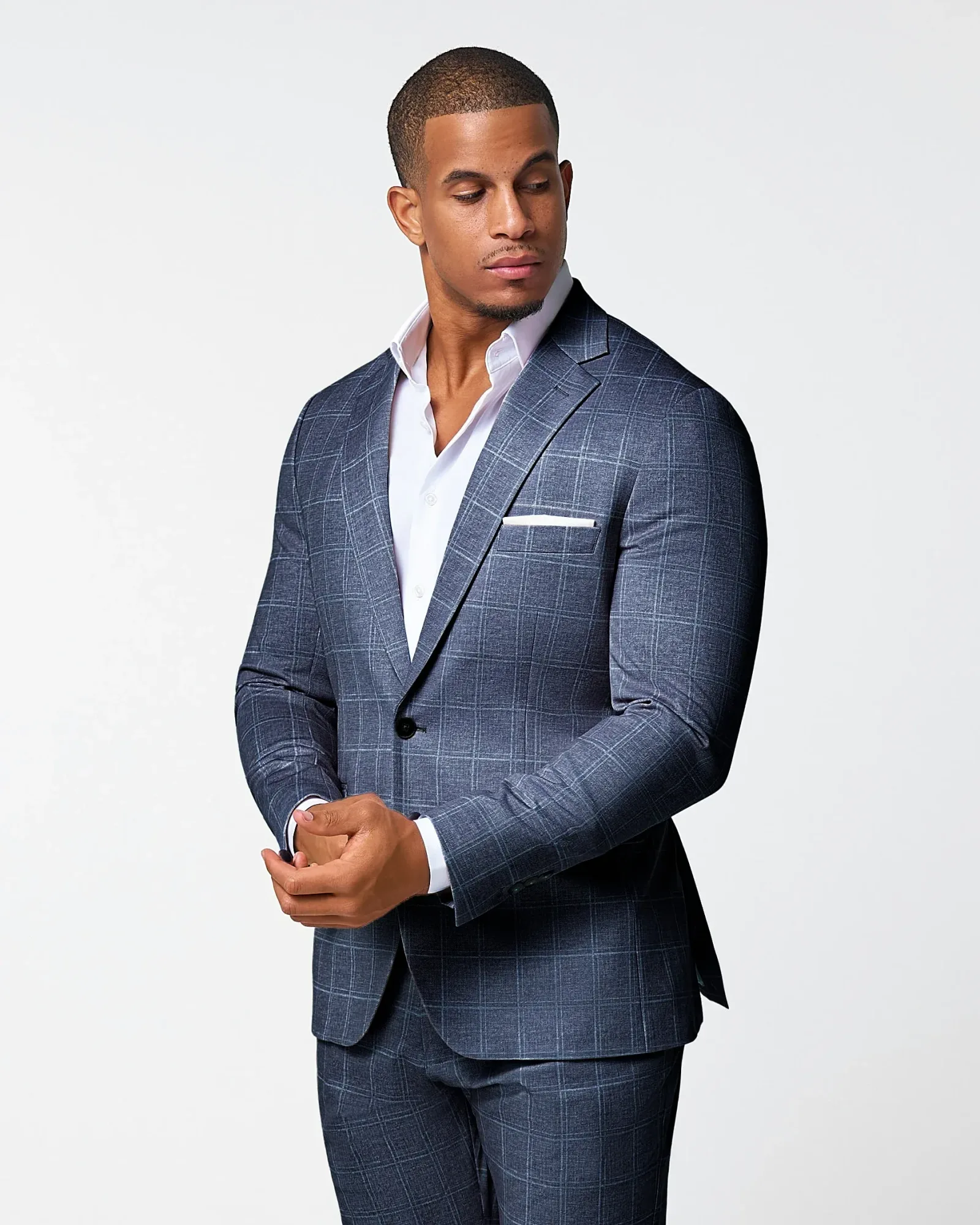 Athletic Fit Stretch Blazer – Textured Navy with White Windowpane