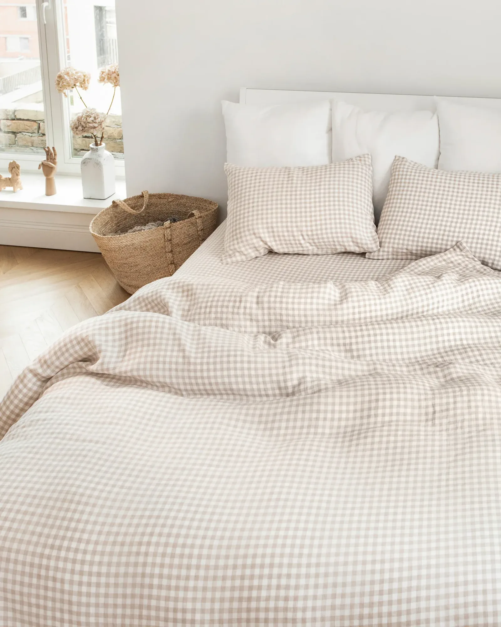 Natural gingham linen fitted sheet