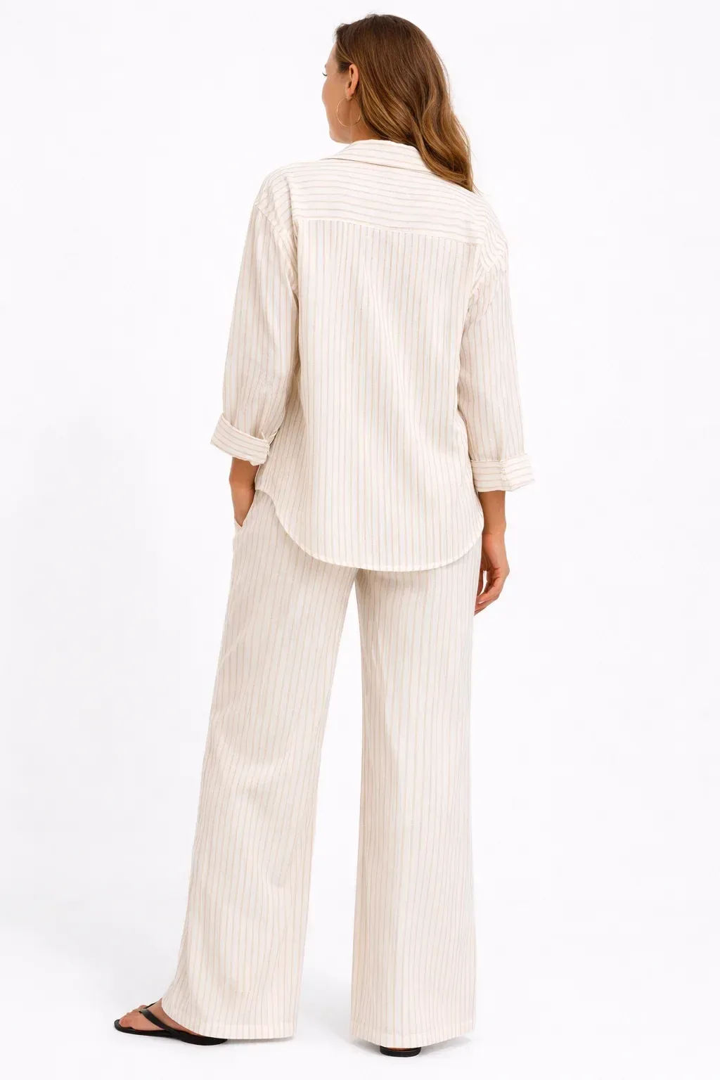 Striped Long Sleeve Shirt and Wide Leg Pants Set
