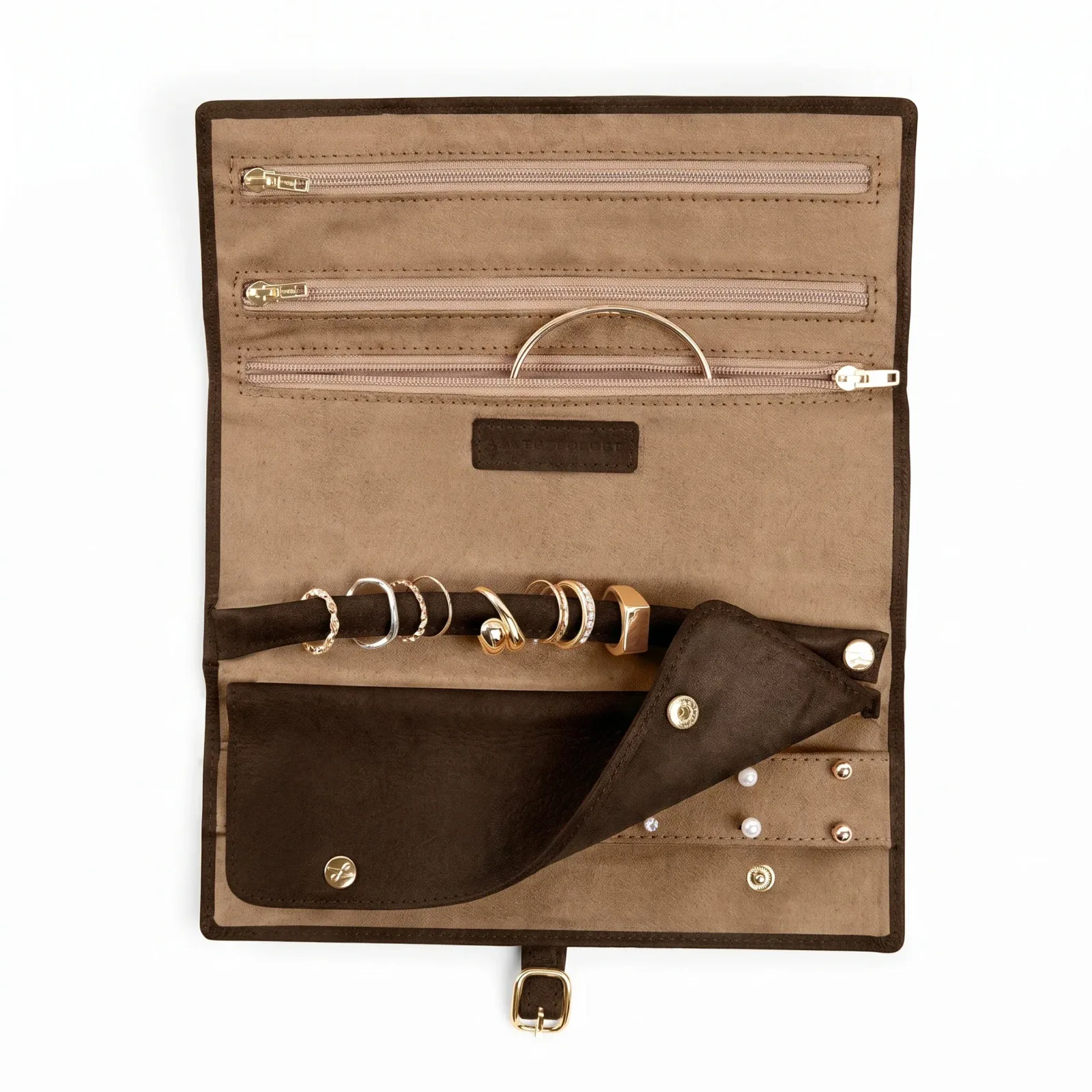 Buckled Jewelry Roll Tobacco Suede