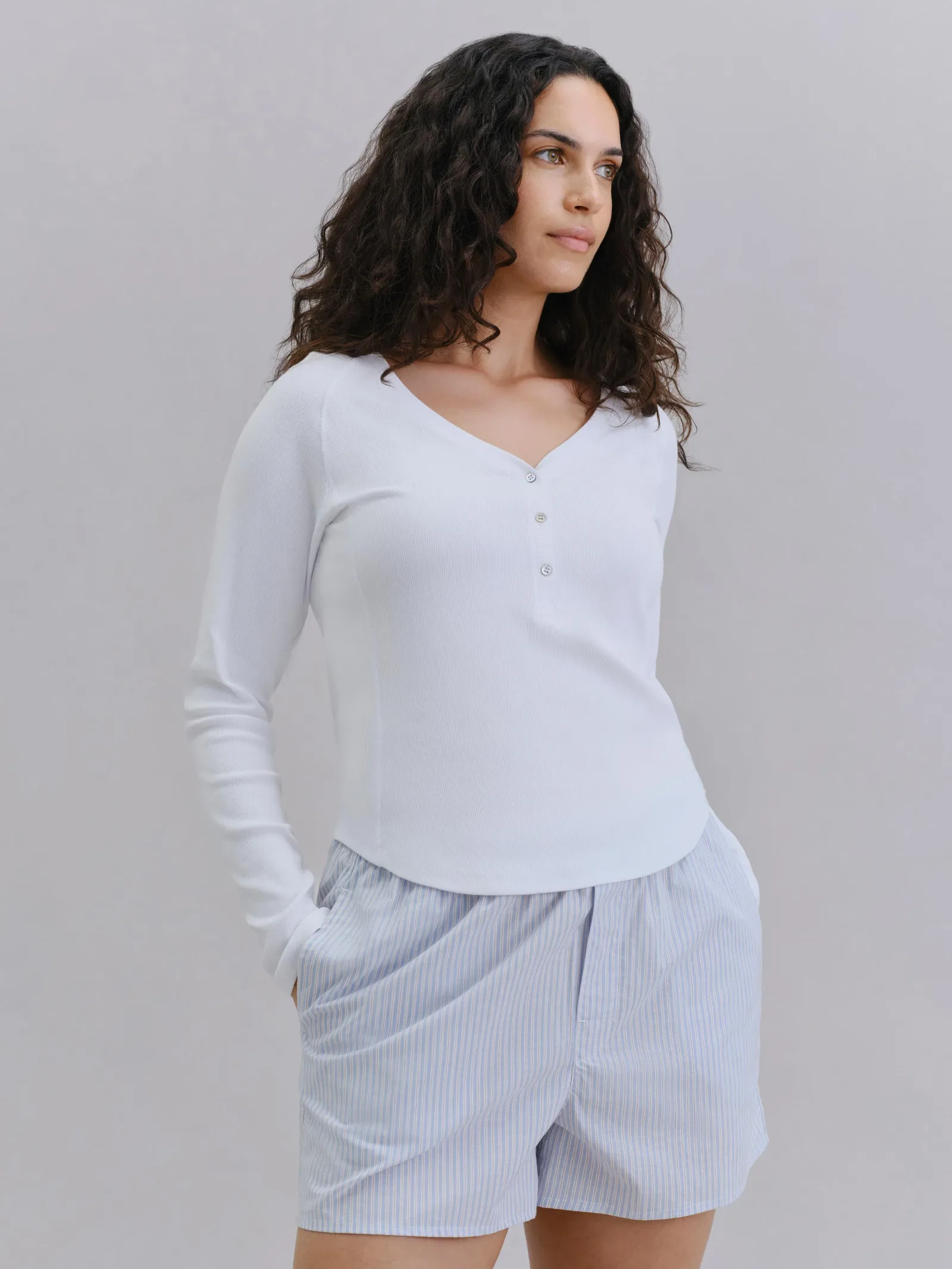 White Henley Long Sleeve Top
