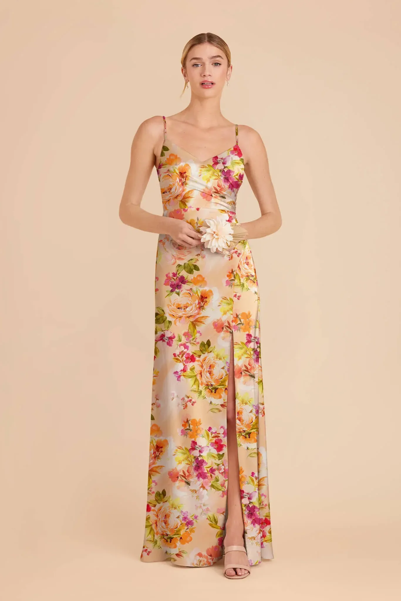 Catherine Matte Satin Dress – Coral Sunset Peonies