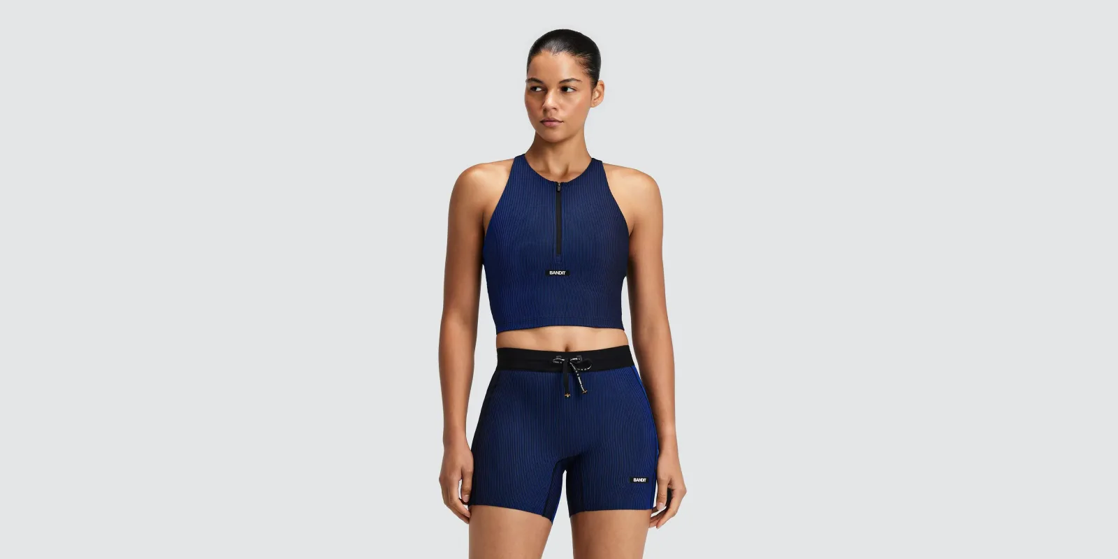 Women's Striped Cadence™ Zip Front T-Back Race Crop – Black / Bauhaus Blue