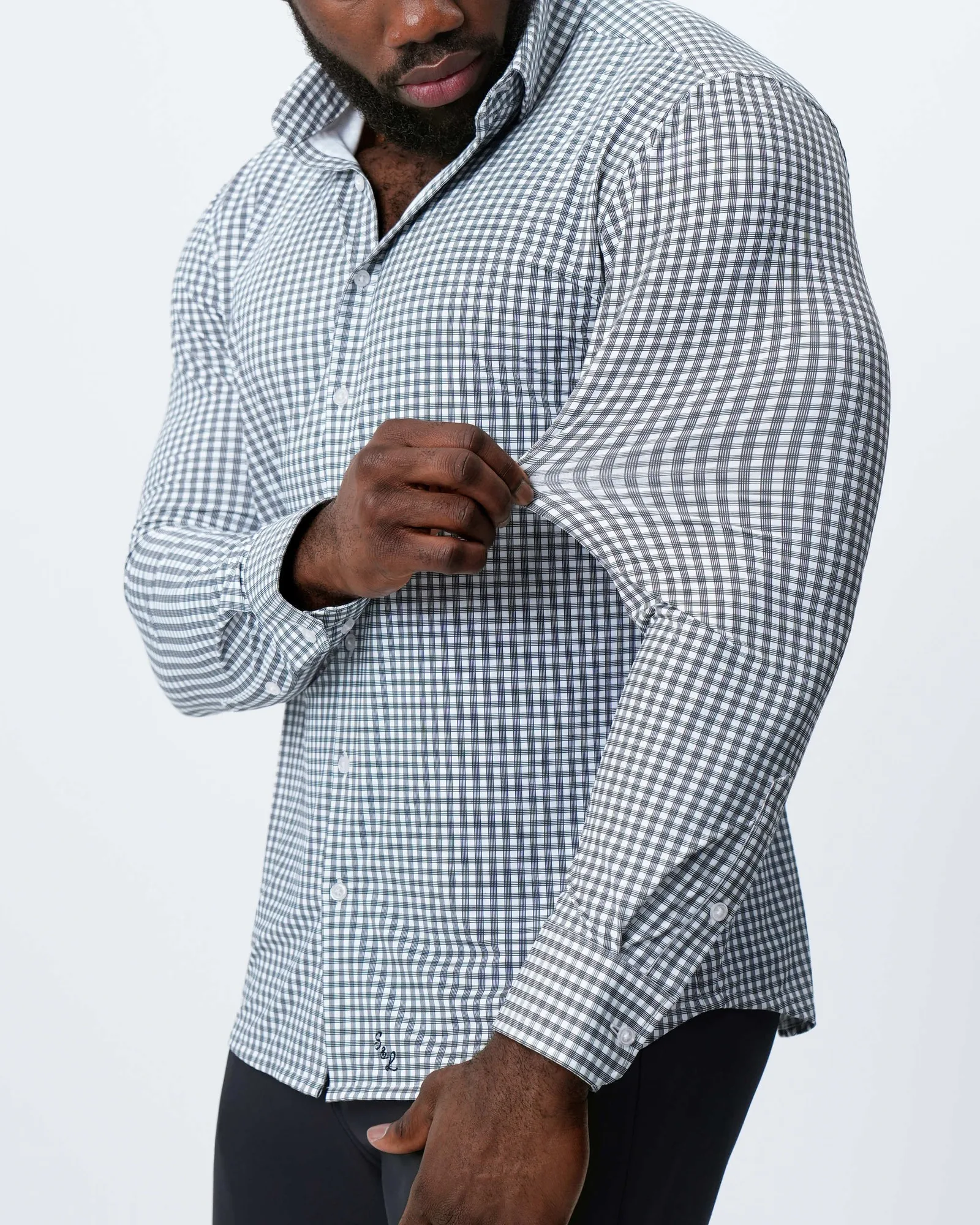 "The Longshore" Sport Shirt – Green and Grey Cross Hatch Windowpane