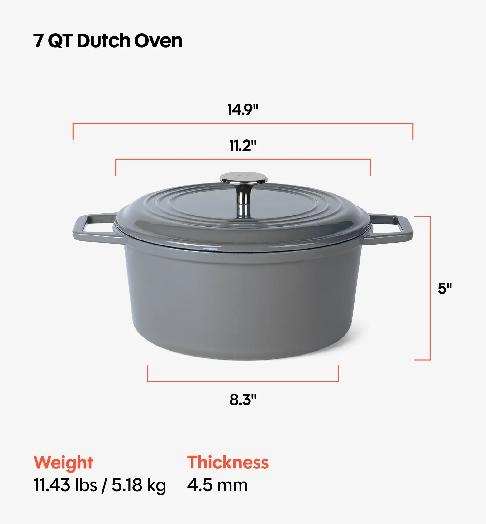 7 QT Enamel Cast-Iron Dutch Oven – Classic Lid – Gray