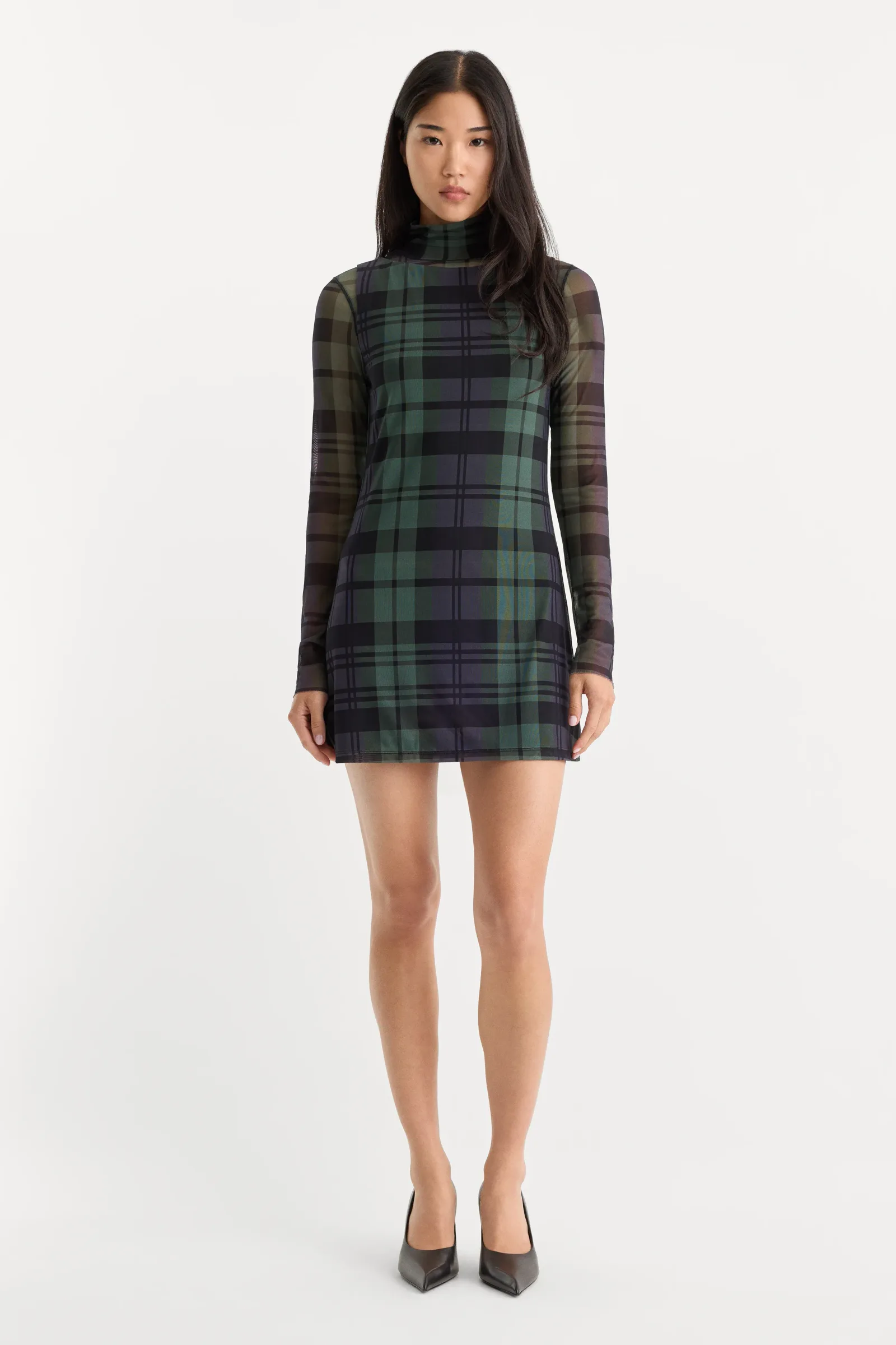 The Mesh Mini Dress – Navy and Green Plaid