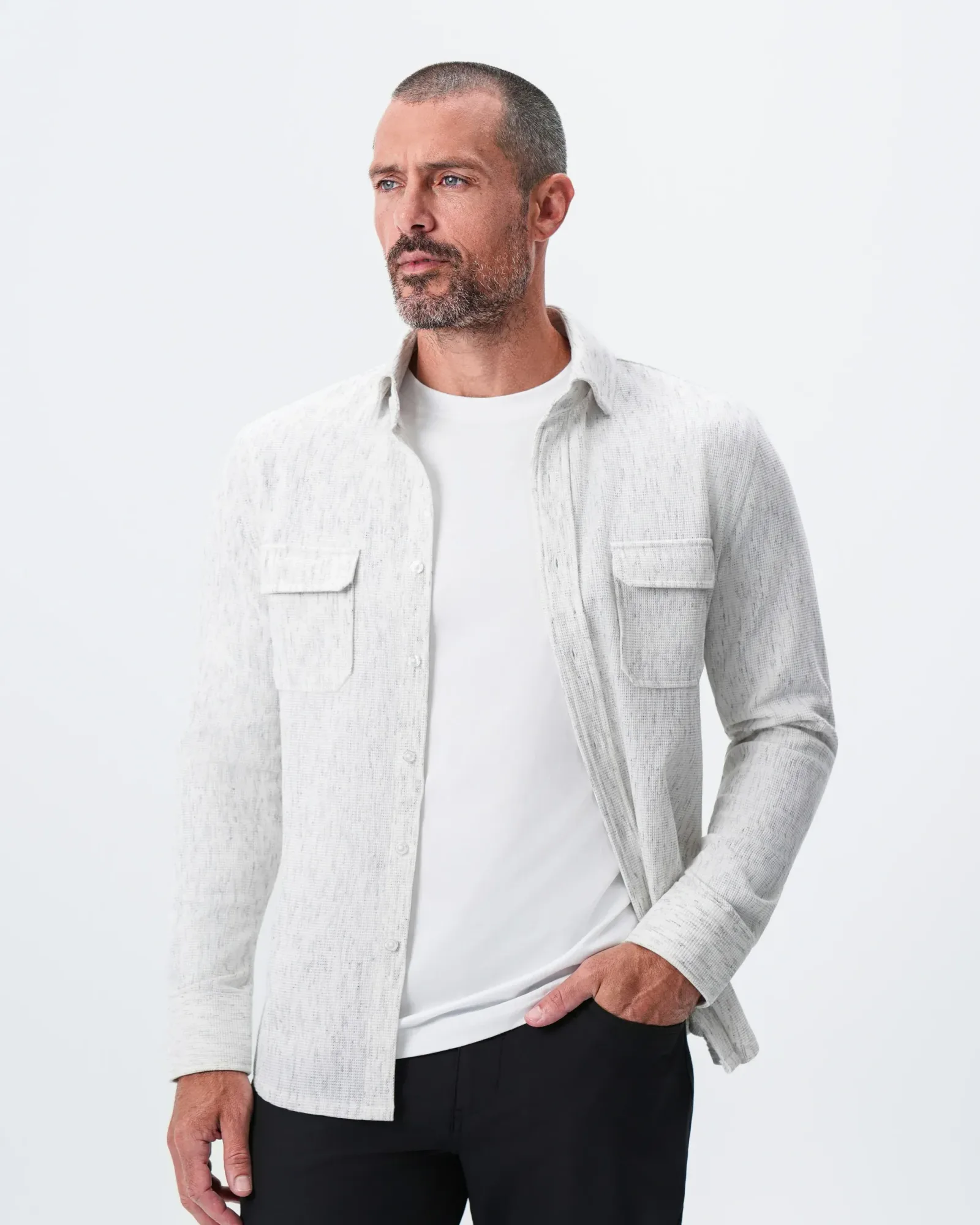 Waffle Patch Pocket Button Down – Heathered White