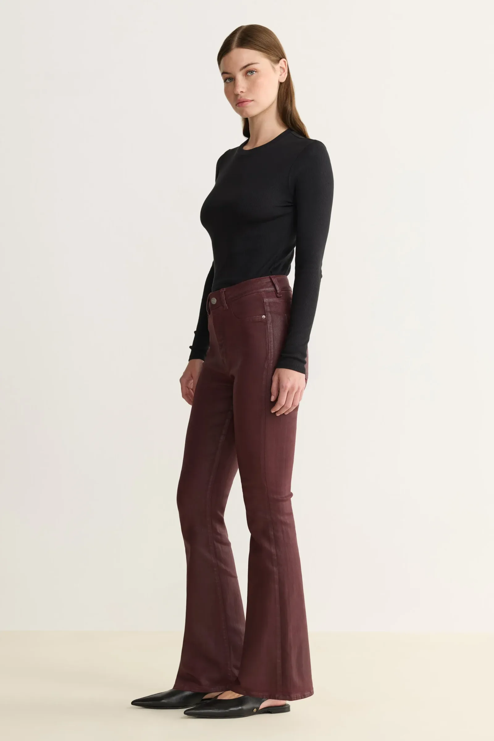 Nao Stretch – High Rise Bootcut Jeans – Coated Oxblood