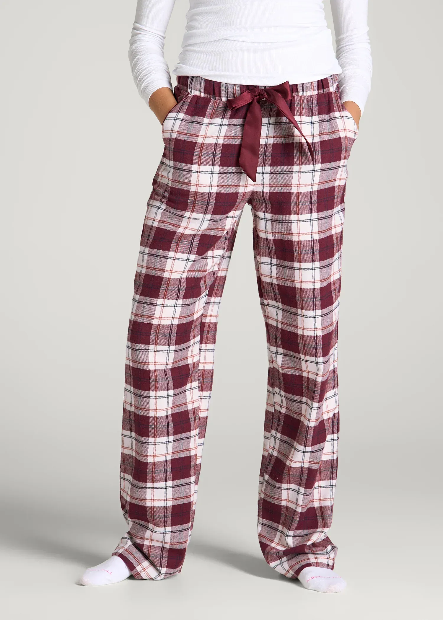 Tie Waist Flannel Pajama Pants for Tall Women in Port Royale and Beige Plaid