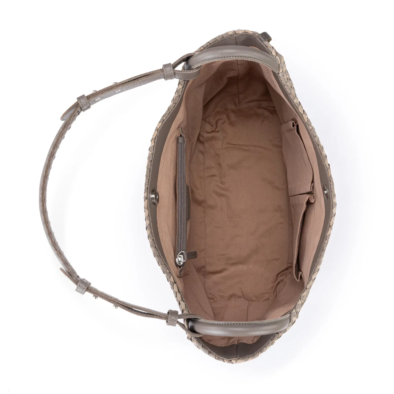 Los Feliz Medium Tote – Leather – Mushroom Sand Suede Woven