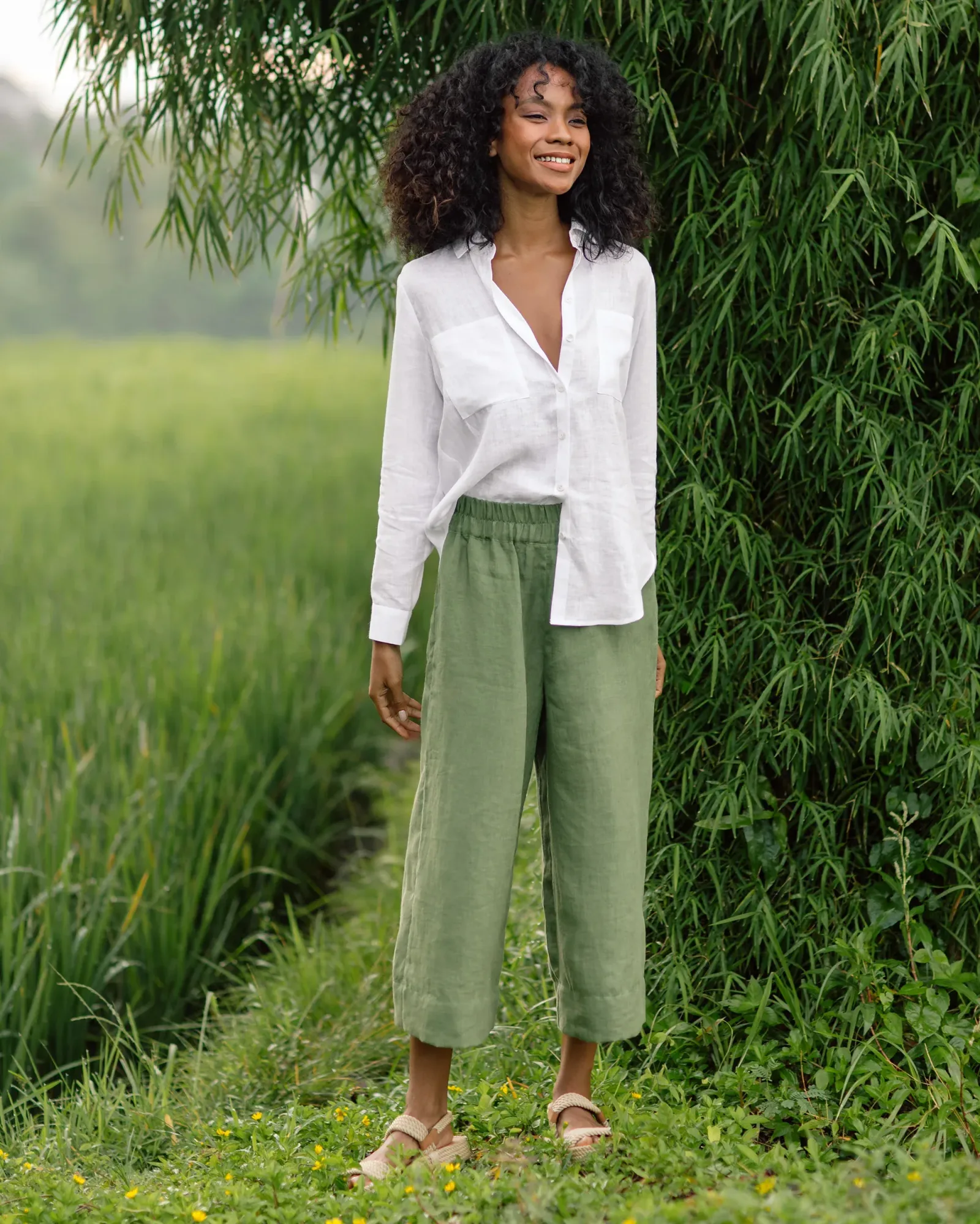 Wide leg linen culotte pants BRUNY in Forest green