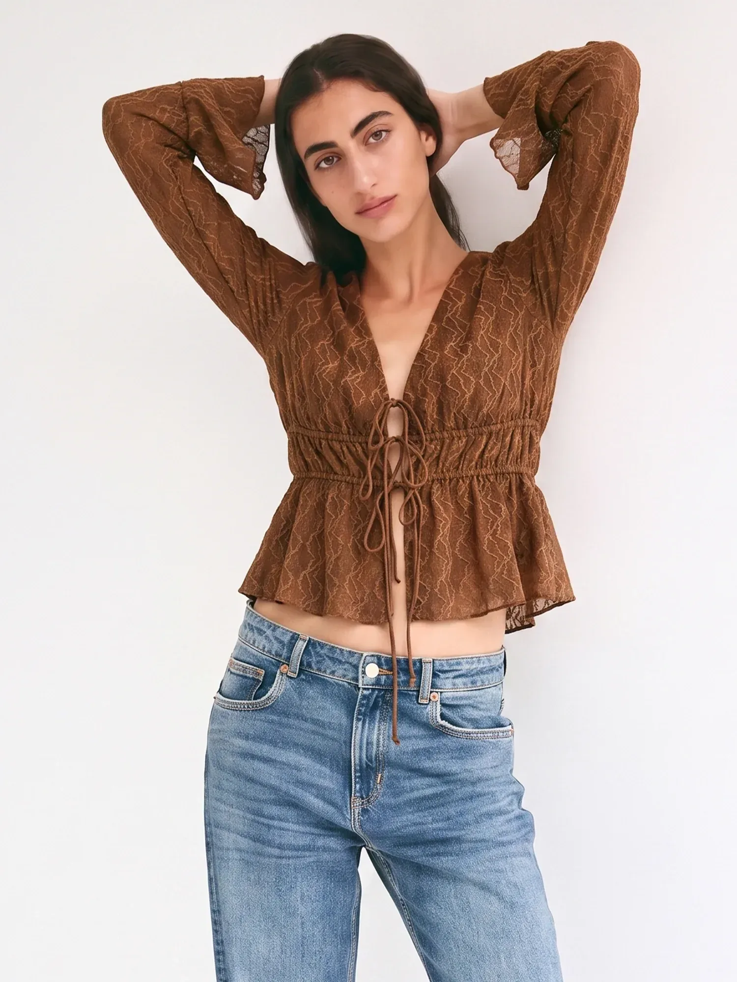 Longsleeves Lace Tie Blouse