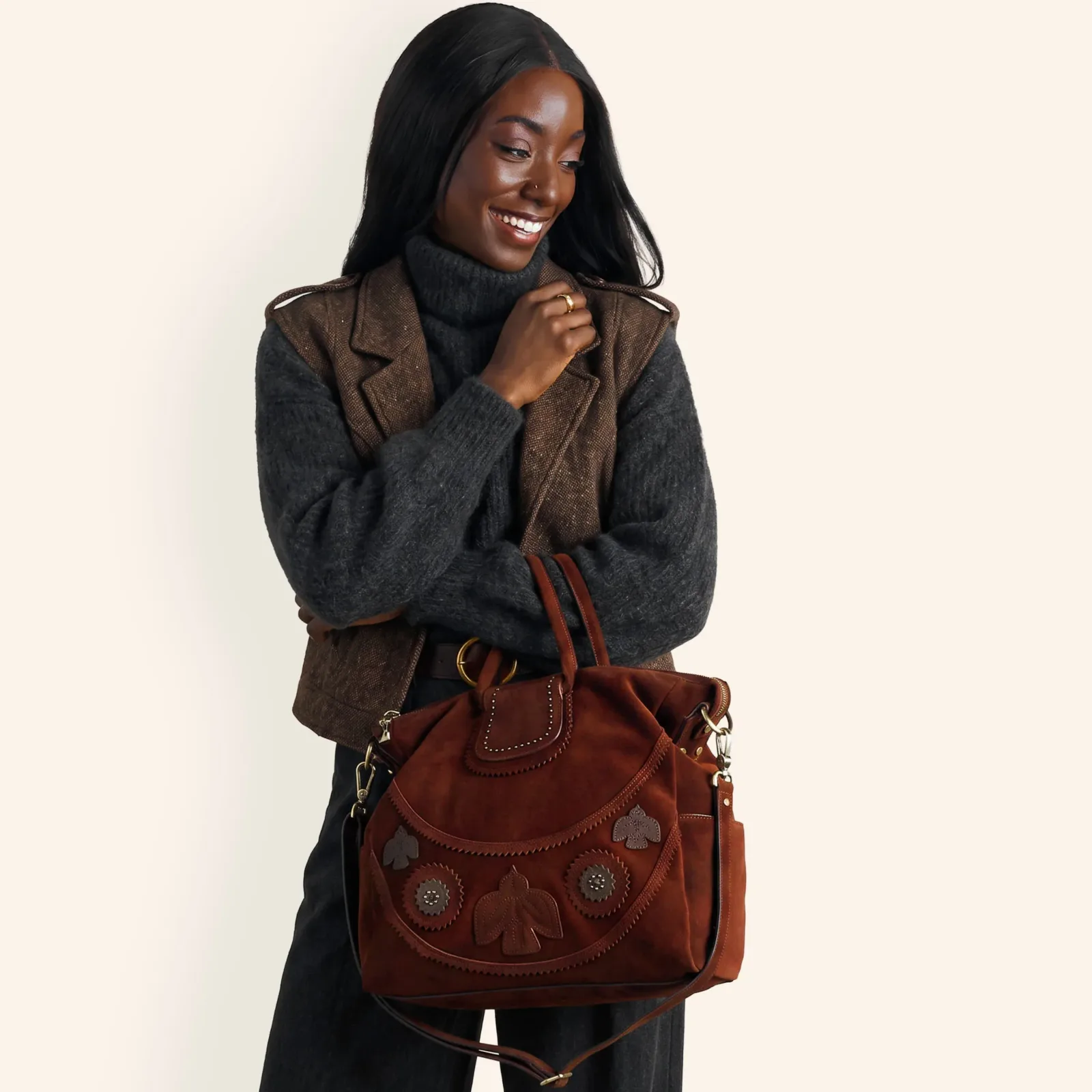 Sheila Large Satchel In Suede Leather – Chocolate