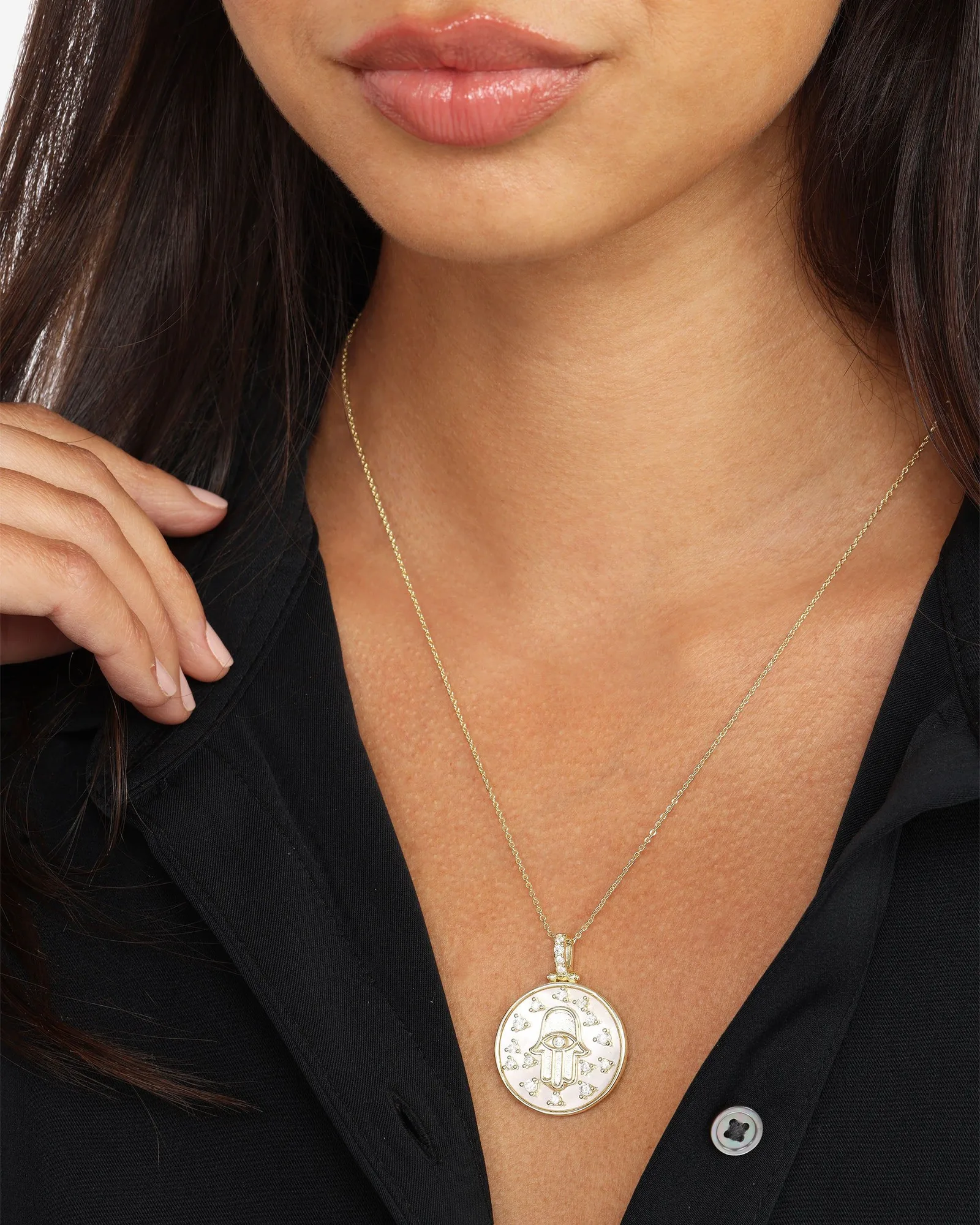 Hamsa Medallion Necklace – Gold|White Diamondettes