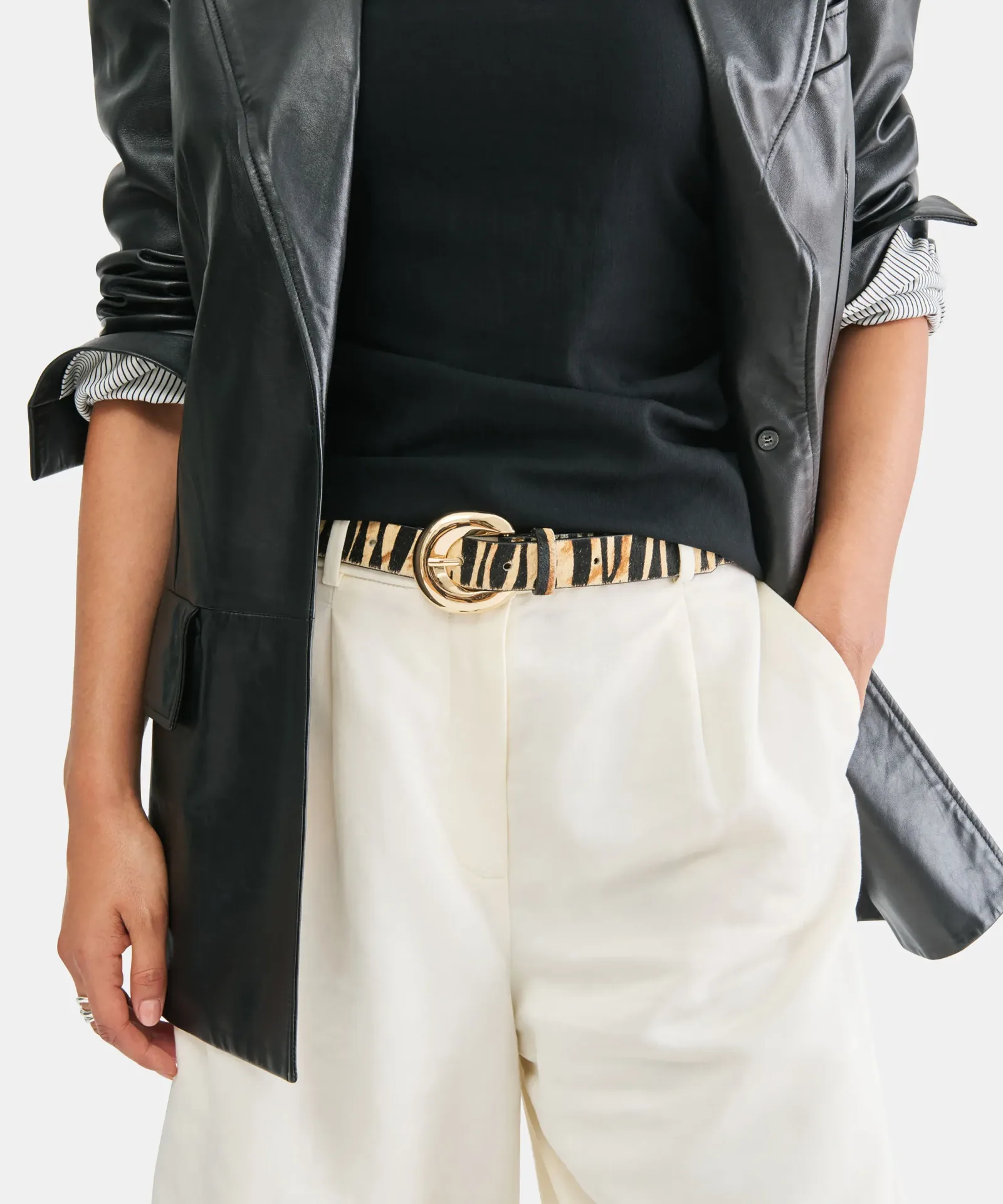 Chunky Curved Buckle Belt Tan Zebra Calf Hair