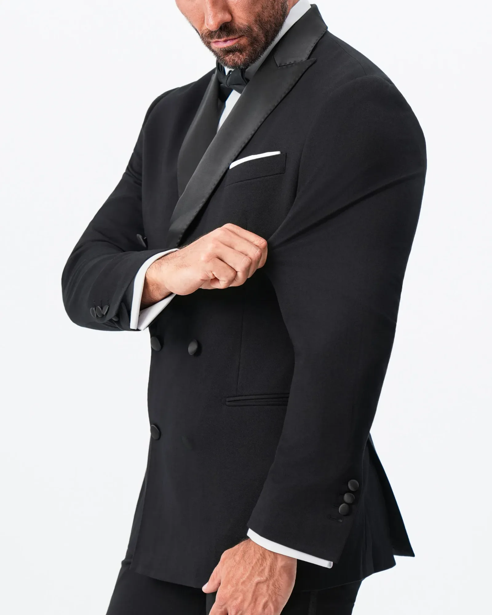 Athletic Fit Stretch Tuxedo Jacket – Double Breasted Solid Black with Peak Lapel