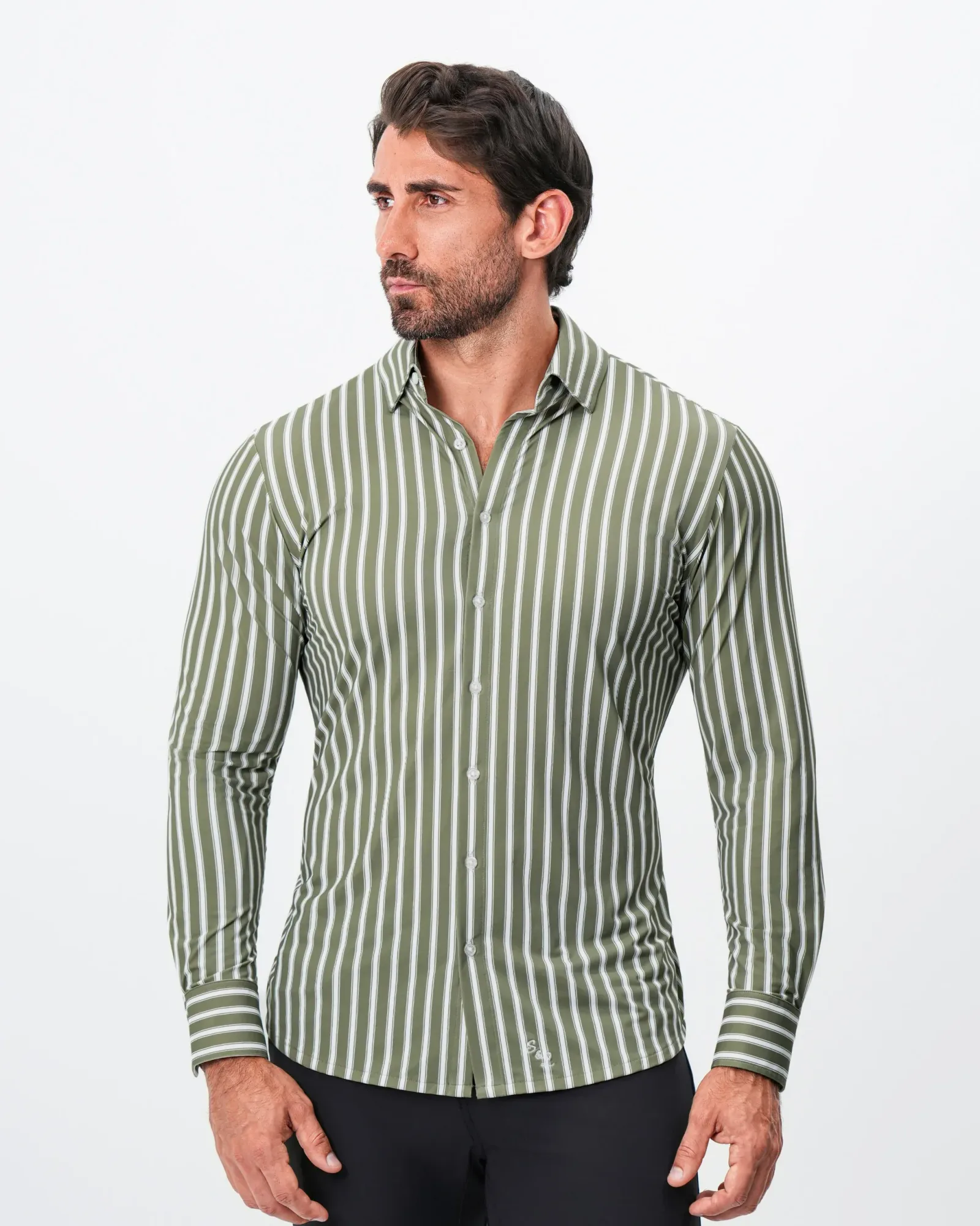 "The Wellington" Sport Shirt – Light Olive and White Bengal Stripe