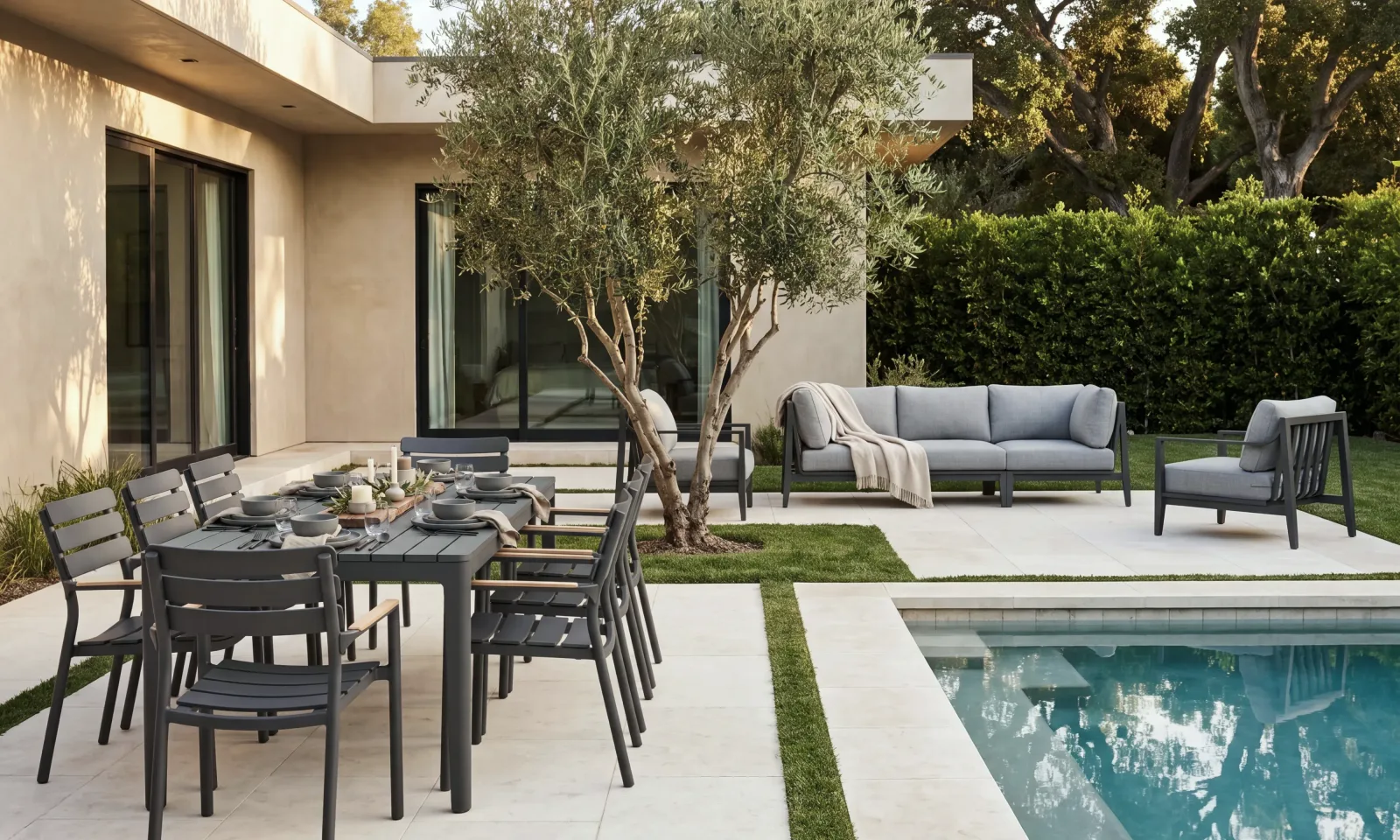 Charcoal Aluminum Sofa + 8 Seat Dining Set