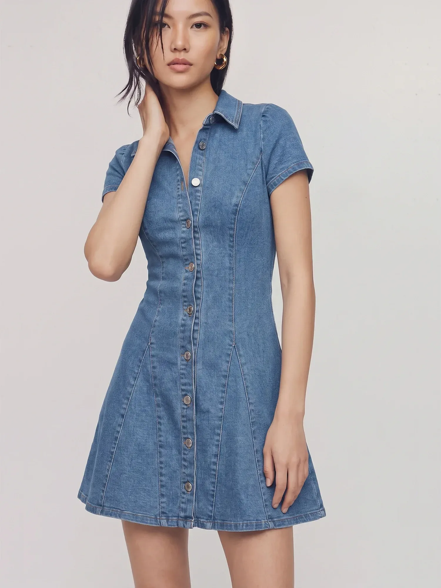 Short Sleeves Denim Button Down A Line Dress