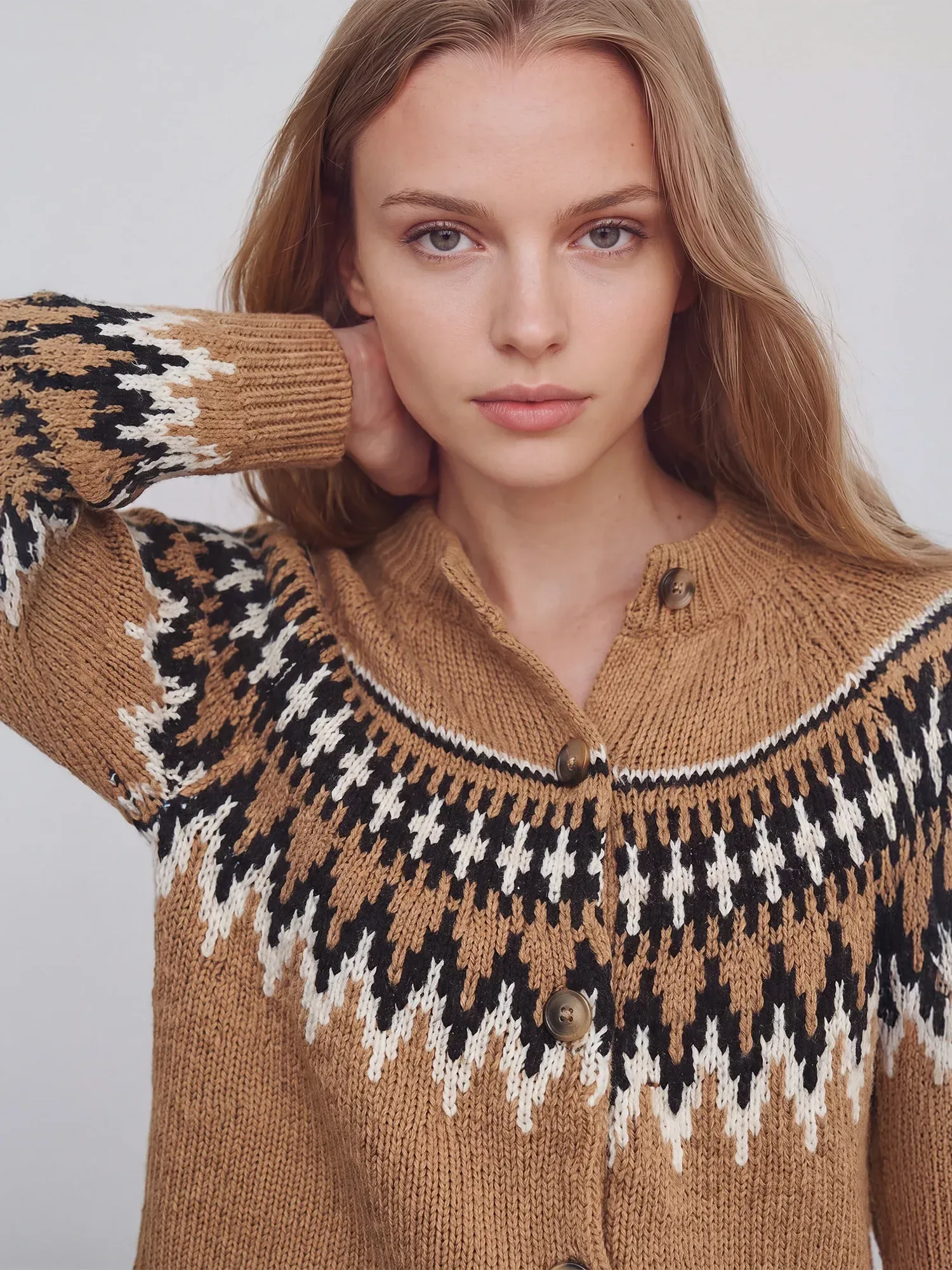 Longsleeves Fair Isle Ribbed Cuff Cardigan Sweater